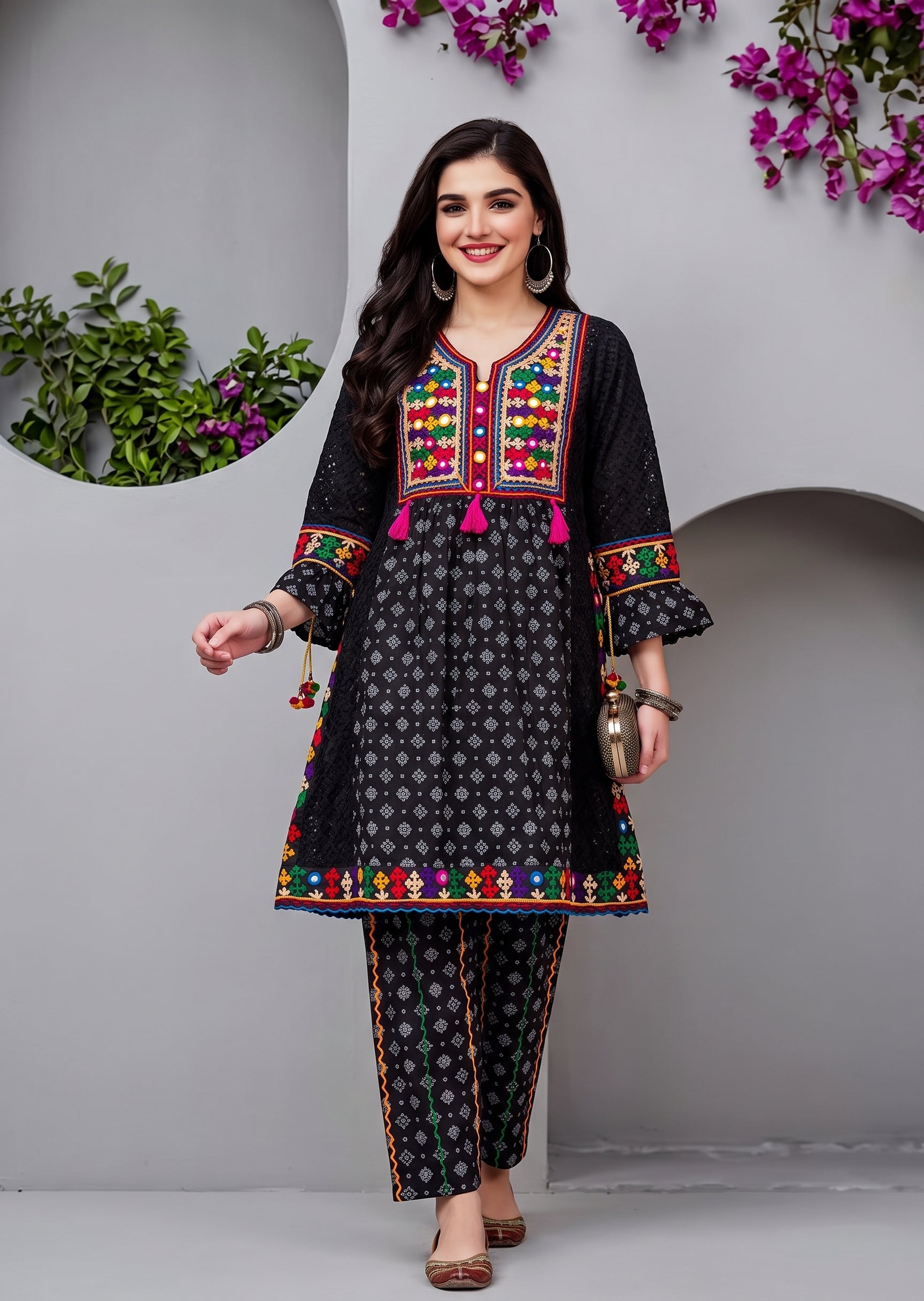 lawn cotton Short Frock in Black