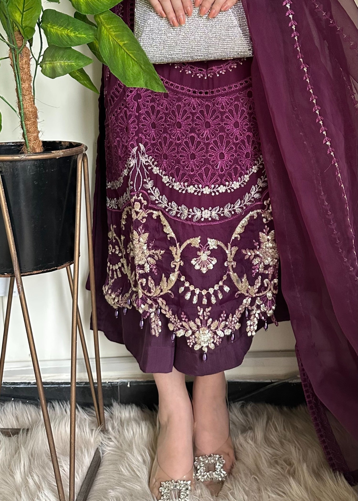 chiffon Kurta Set in Plum purple