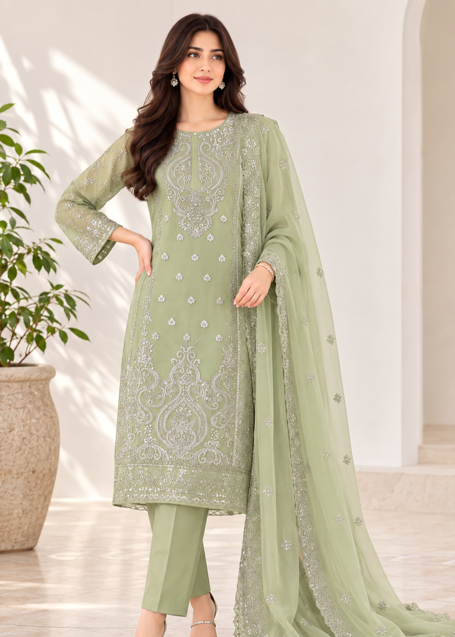organza Kurta Set in Sage green