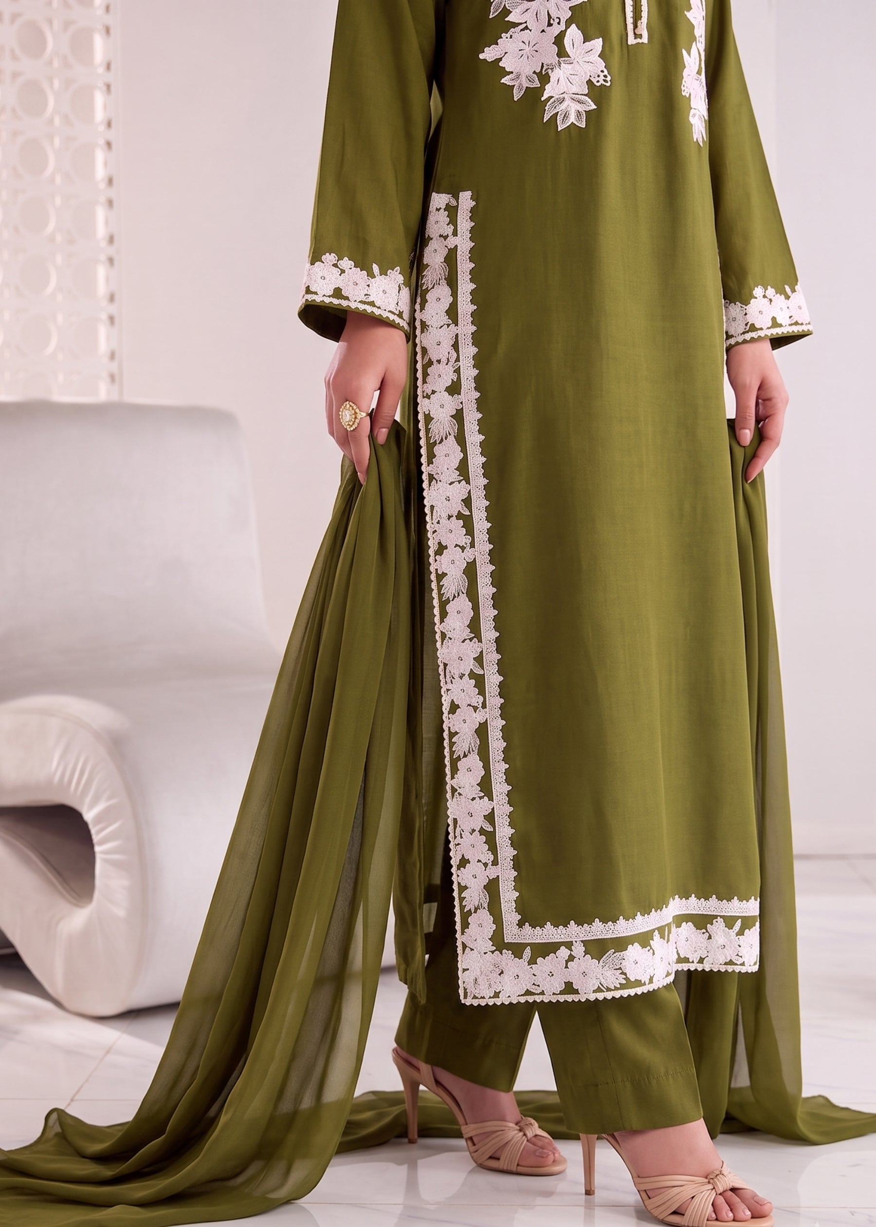 linen Kurta Set in Olive green