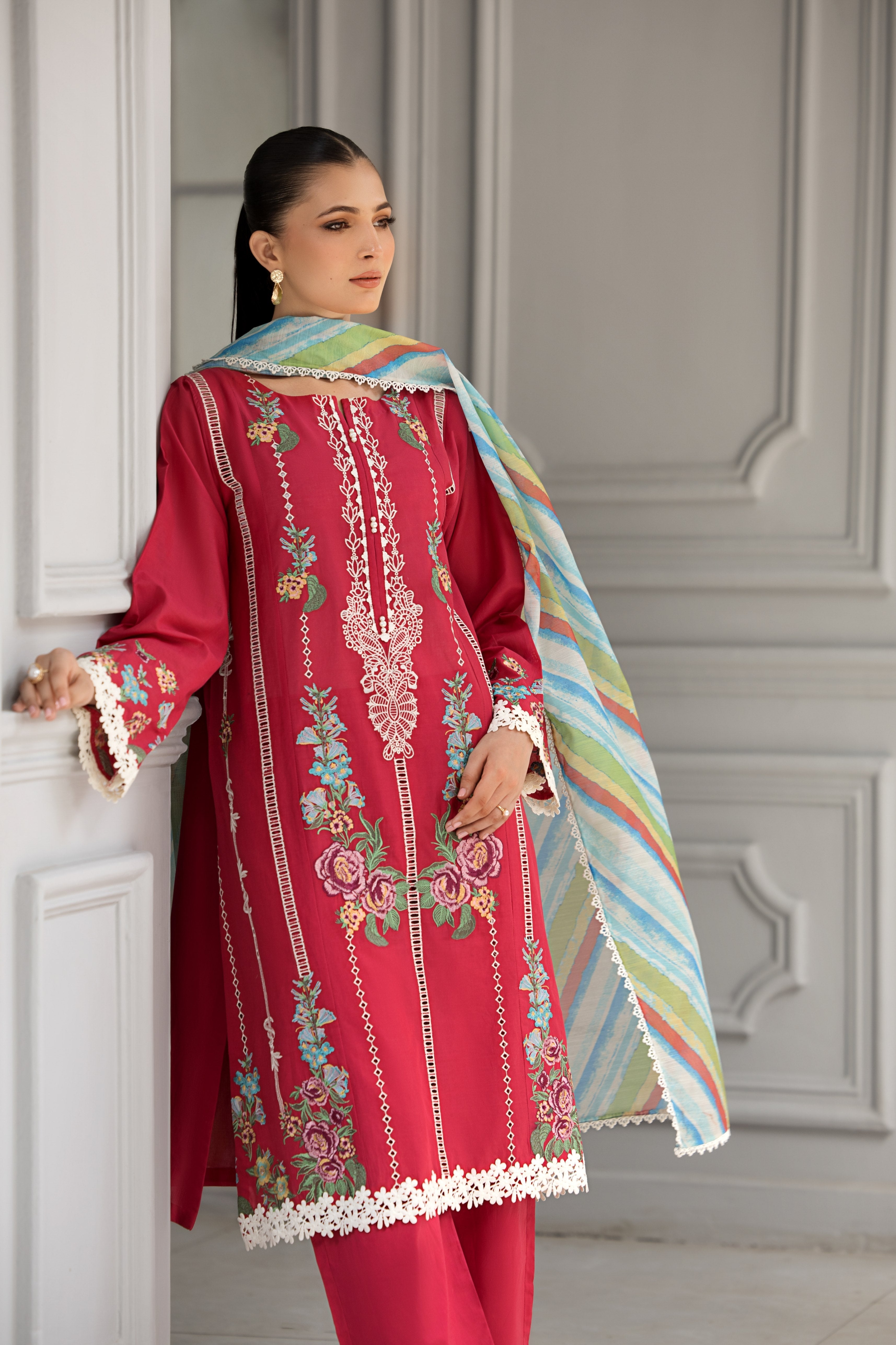 lawn Kurta Set in Deep carmine
