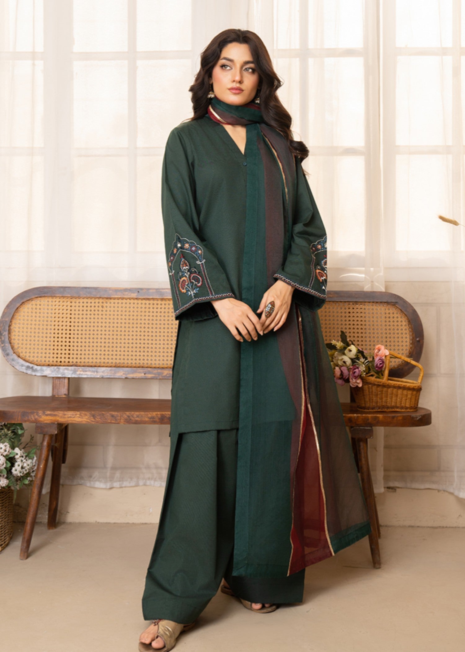 twill khaddar Kurta Set in Dark green