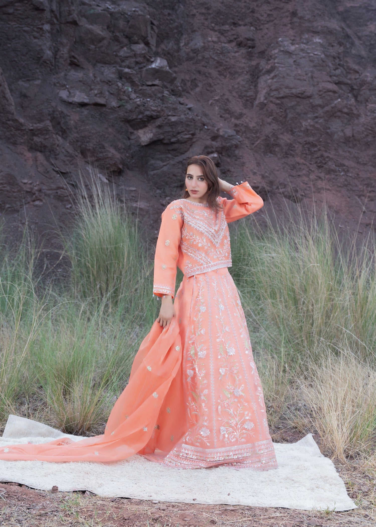organza Lehenga in Peach orange