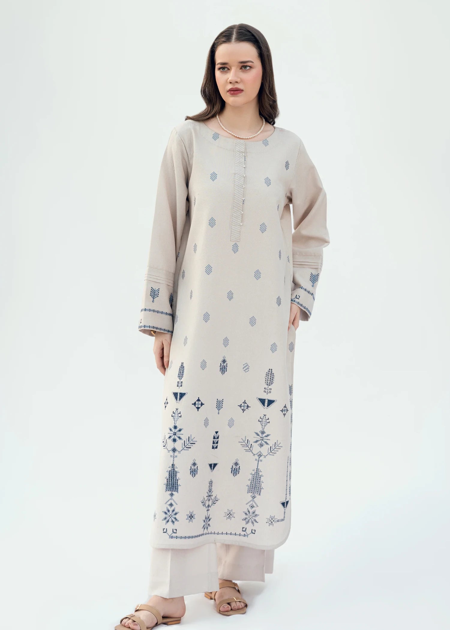 karandi Kurta Set in Ivory, prussian blue