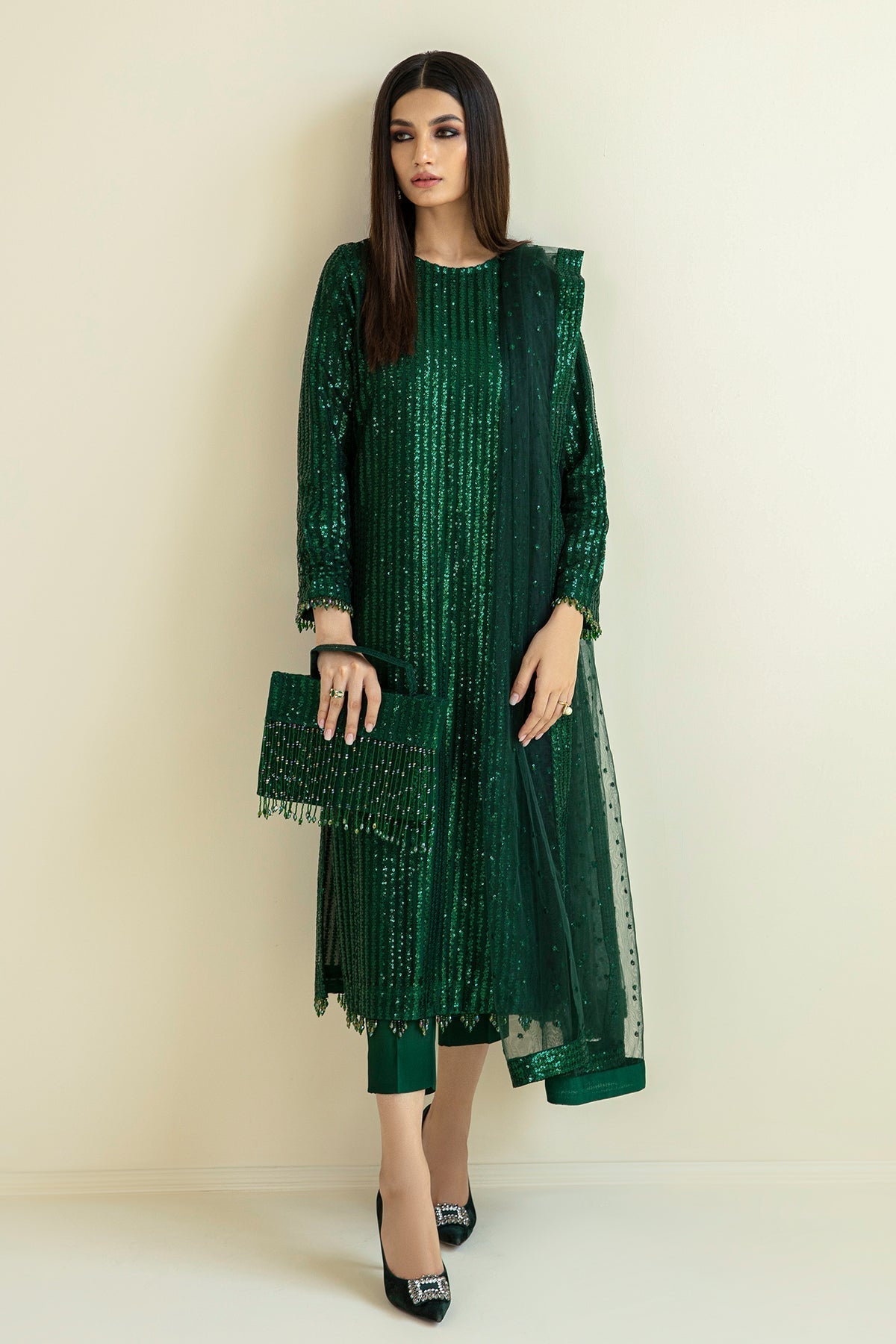 net Kurta Set in Green
