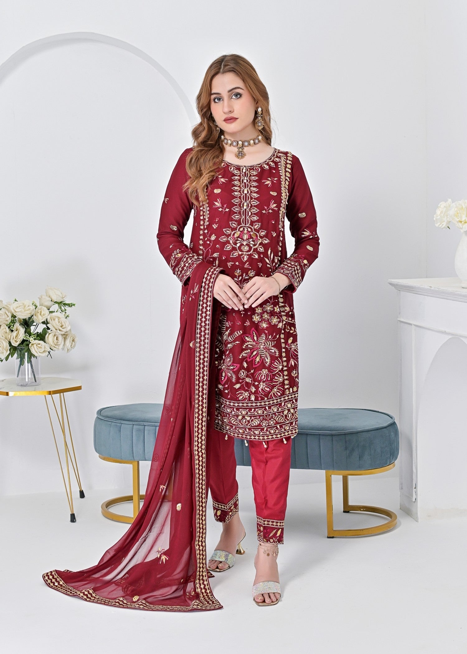 crinkle chiffon Kurta Set in Maroon