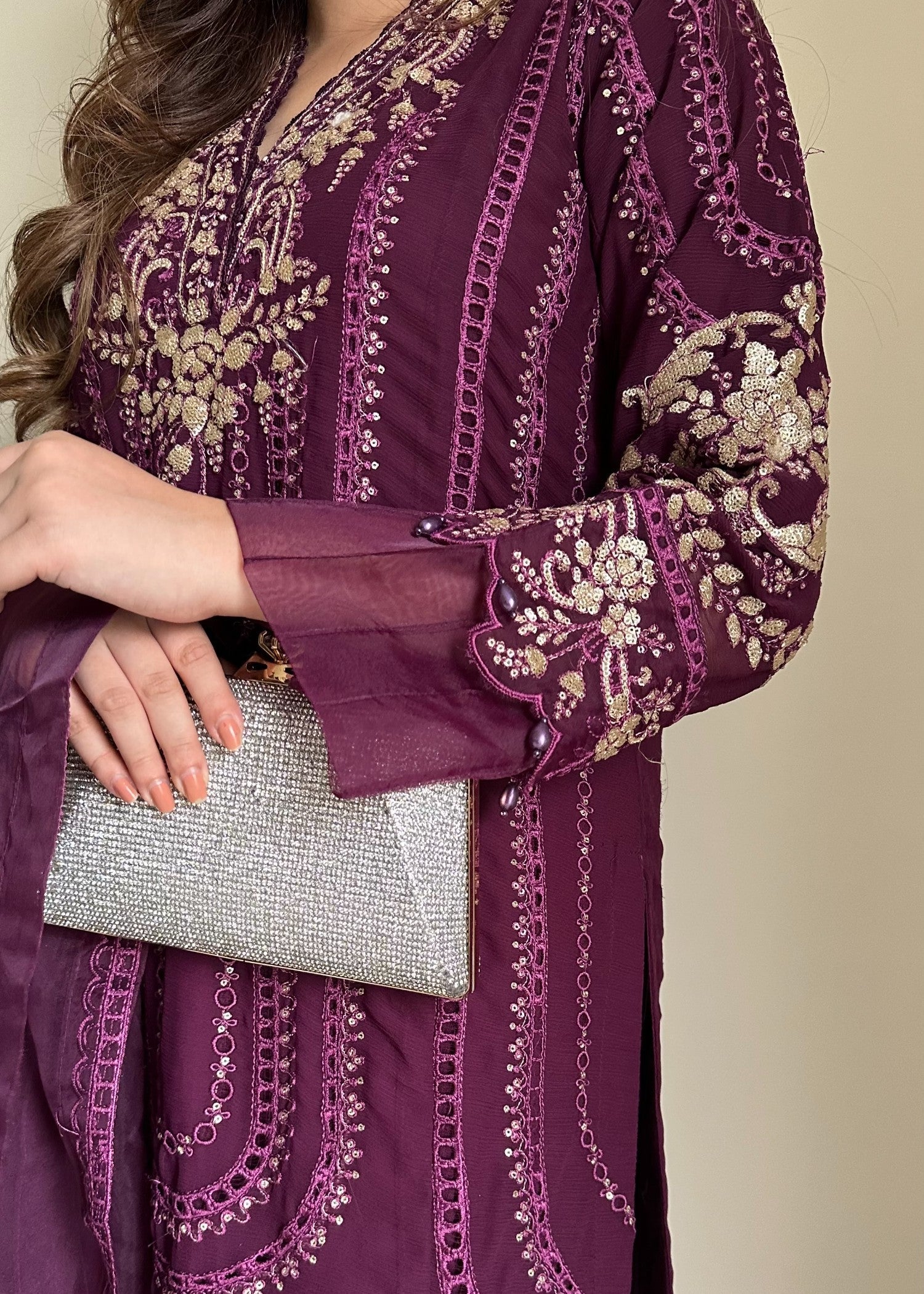 chiffon Kurta Set in Plum purple