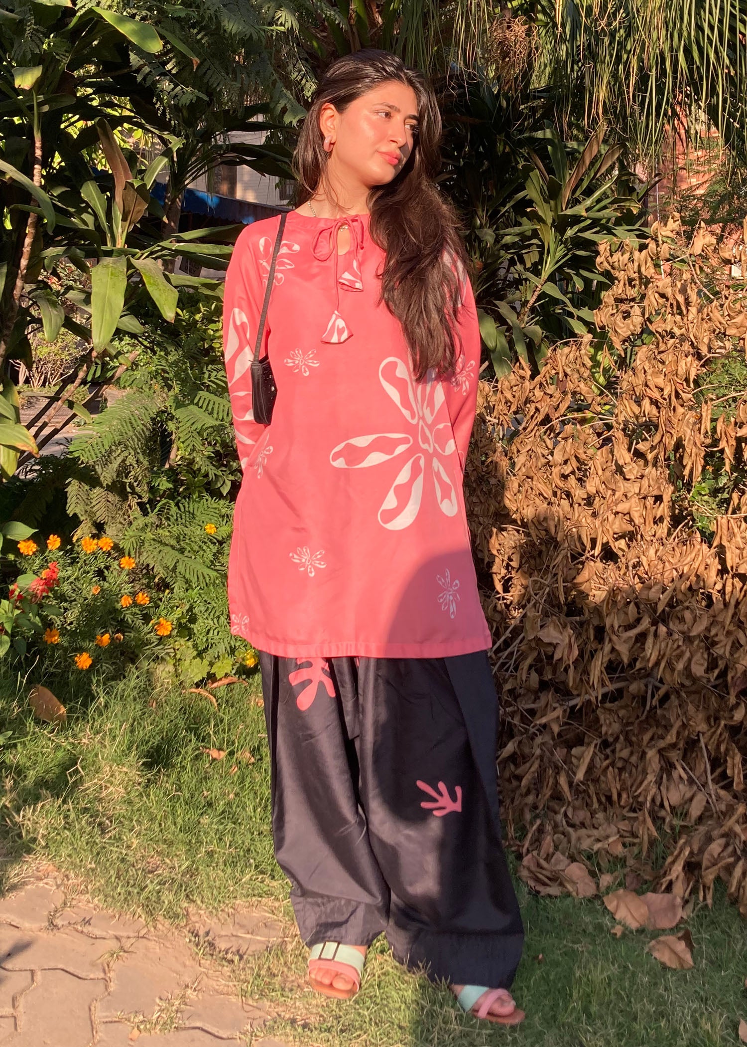silk finish lawn Kurta Set in Hot pink