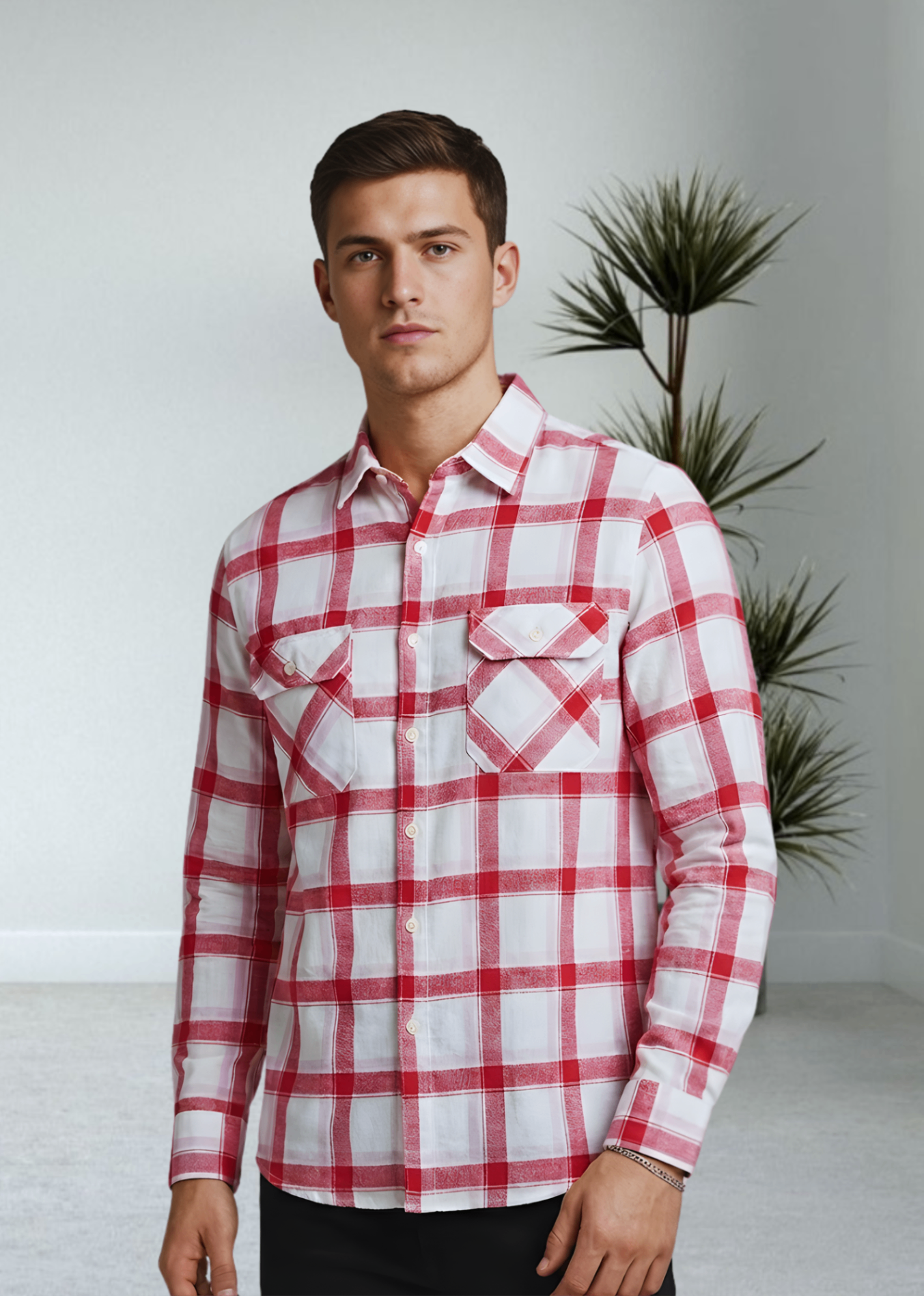 flannel Casual Shirt in White, red