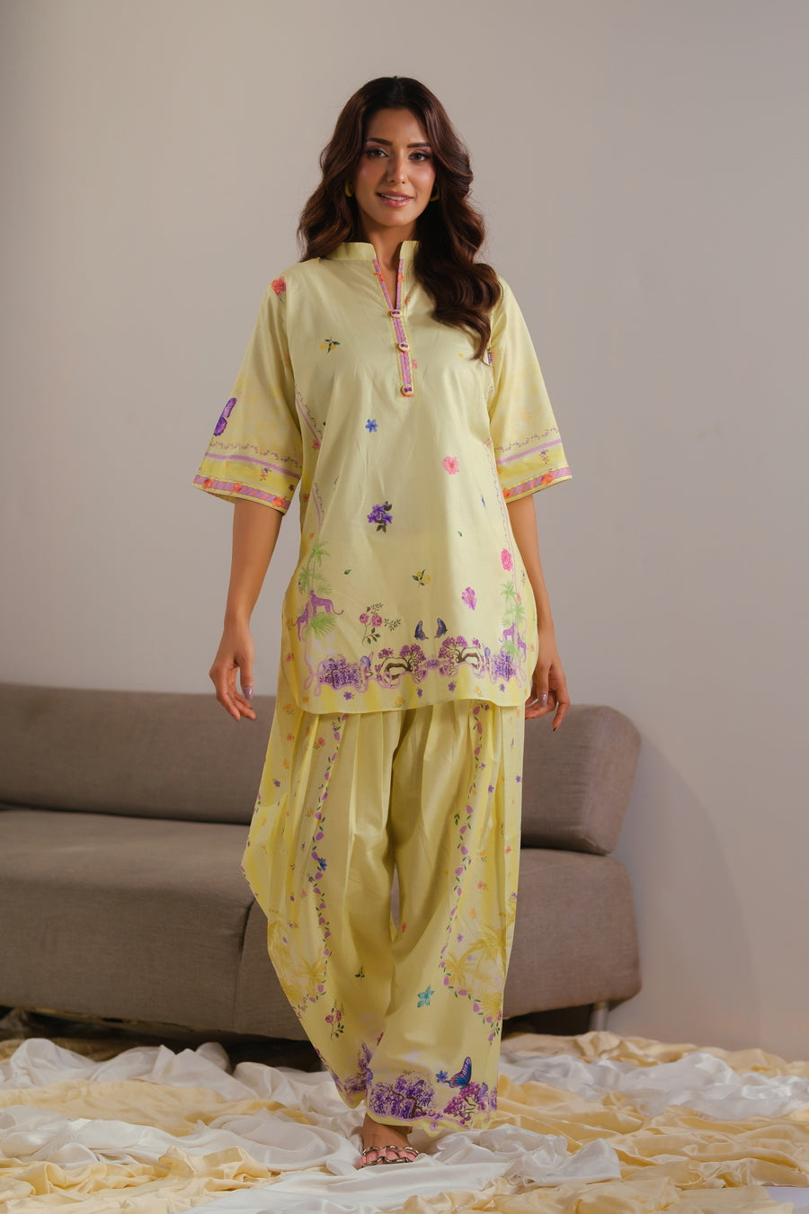 lawn cotton Co Ord Sets in Lemon