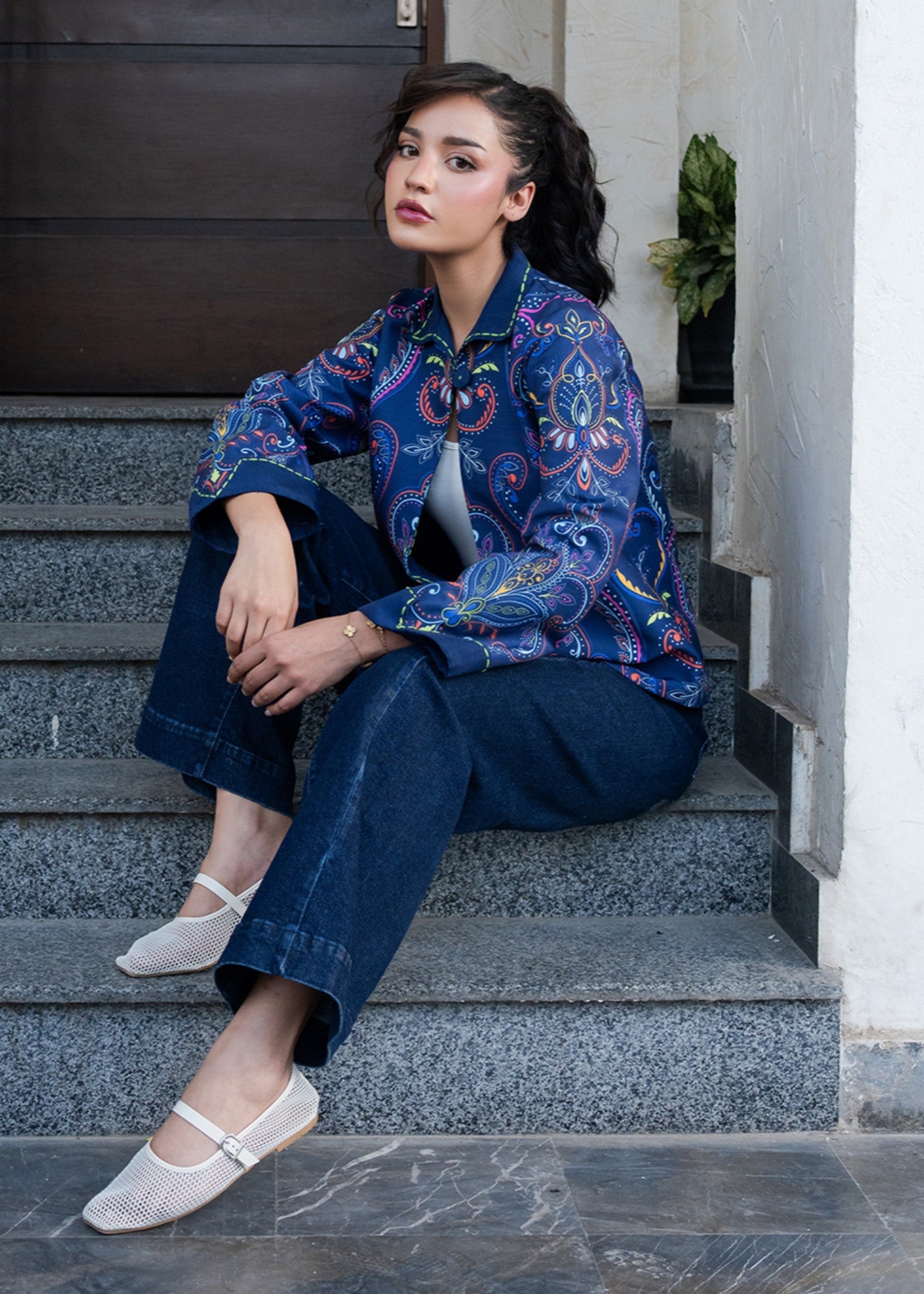 slub khaddar Jacket in Blue