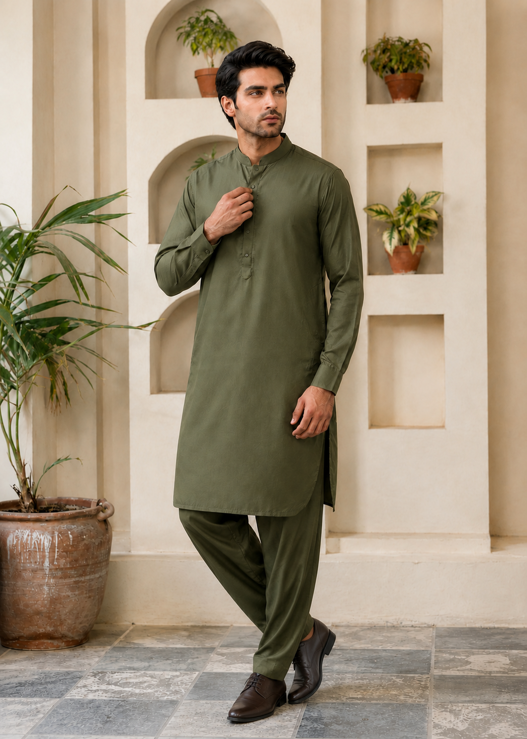 textured wash & wear Shalwar Kameez in Army green