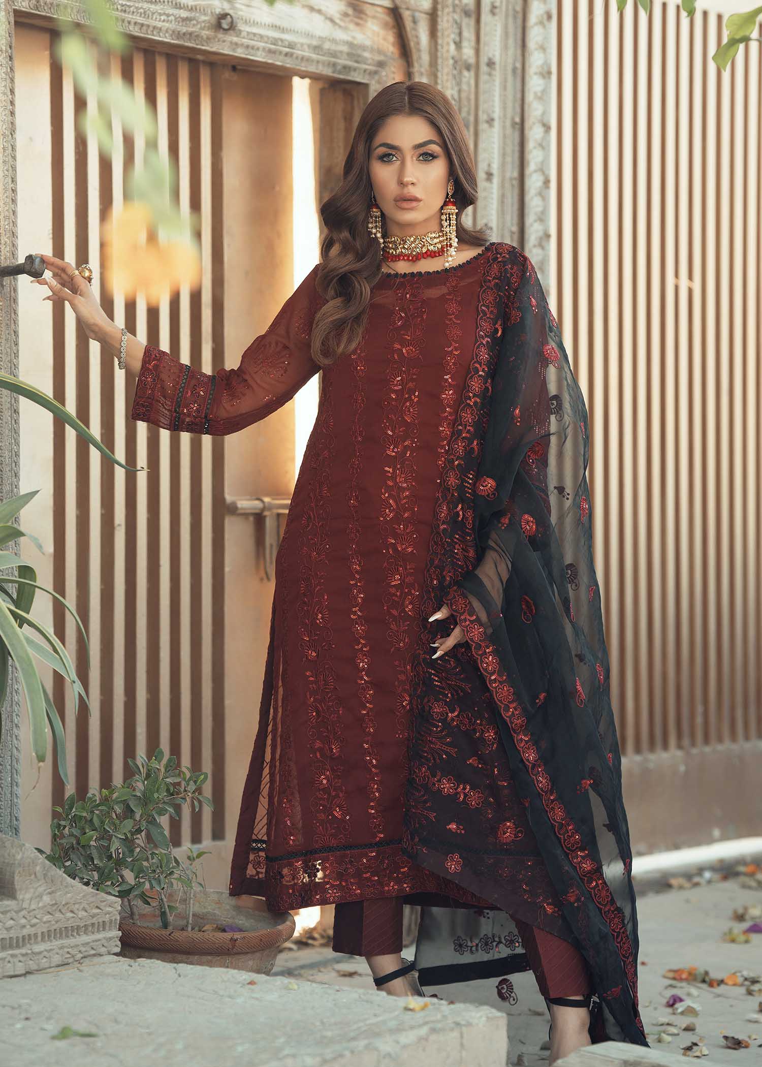 chiffon Unstitched in Maroon