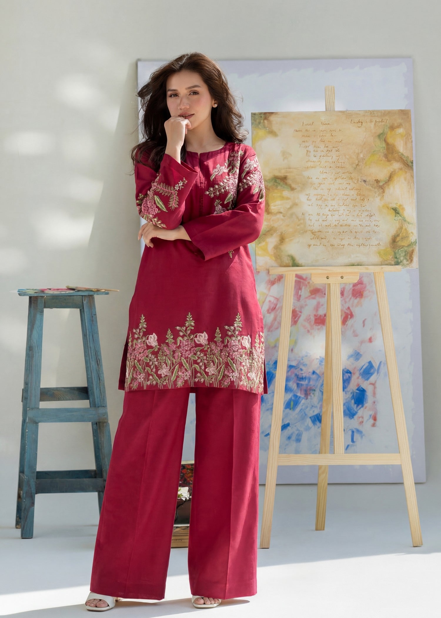 textured lawn Kurta Set in Crimson