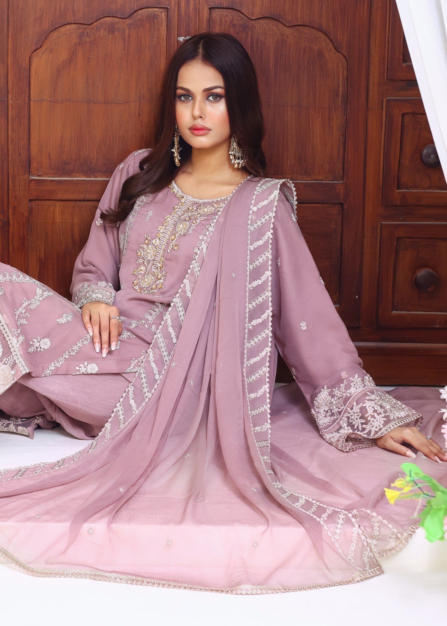bemberg crinkle chiffon Kurta Set in Lilac