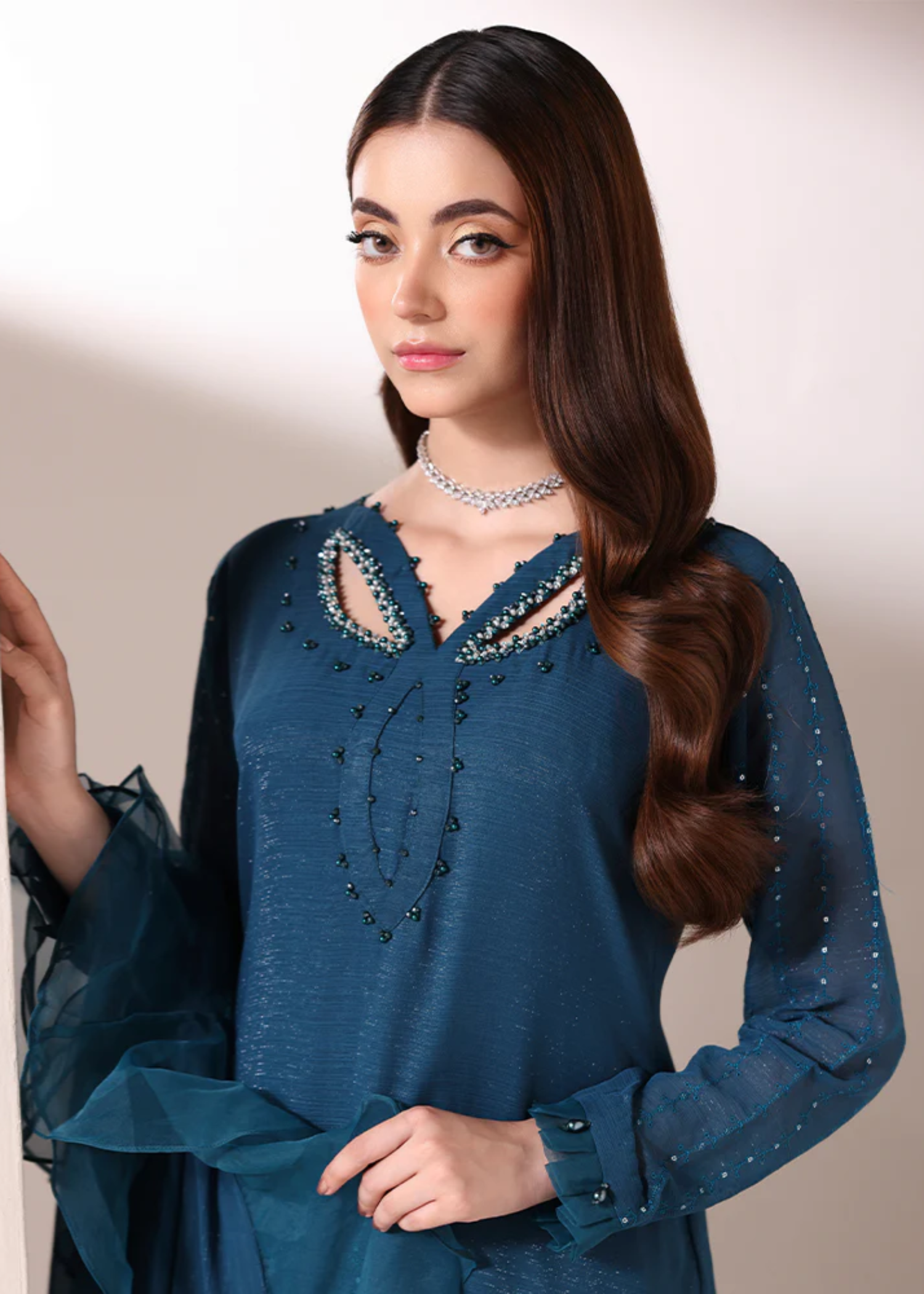 crinkle chiffon Kurta Set in Cobalt blue