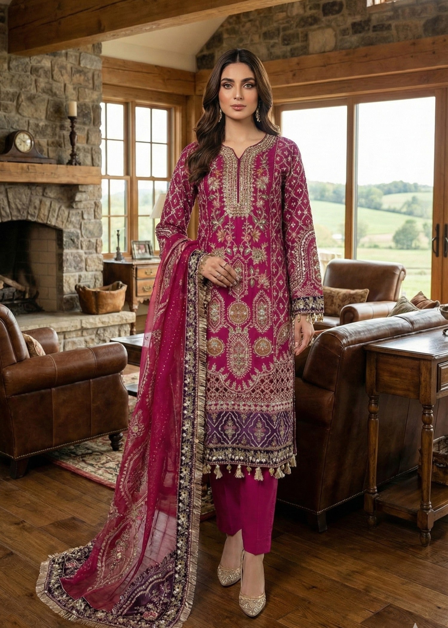 grip Kurta Set in Magenta