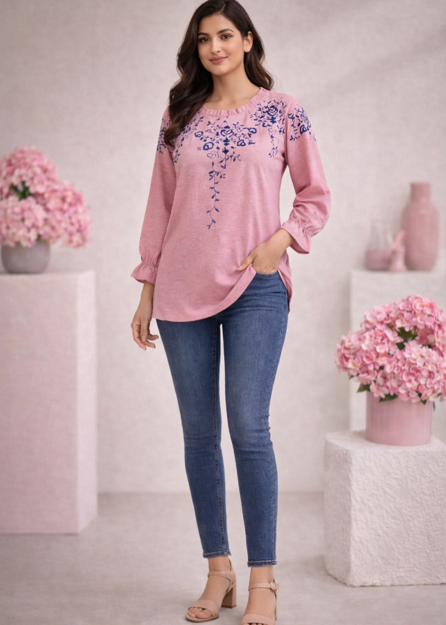 cotton karandi Tunic in Pastel pink