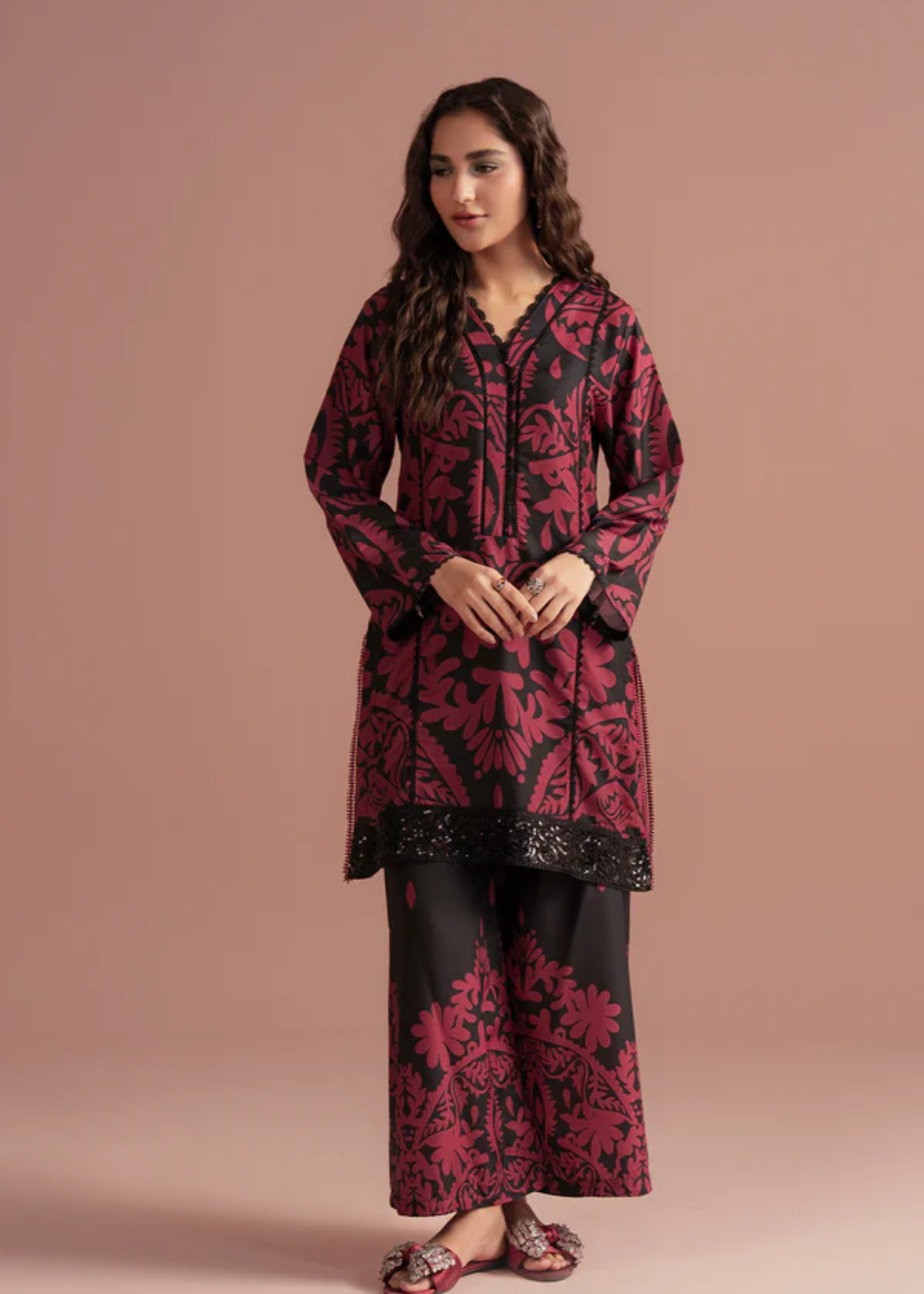 poly lawn Co Ord Sets in Black, blood red