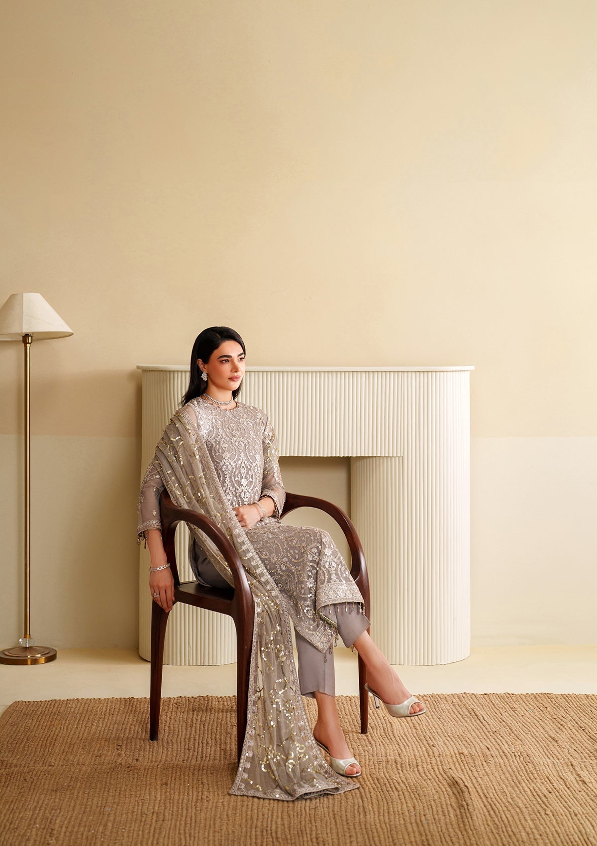 khaddi net Kurta Set in Silver