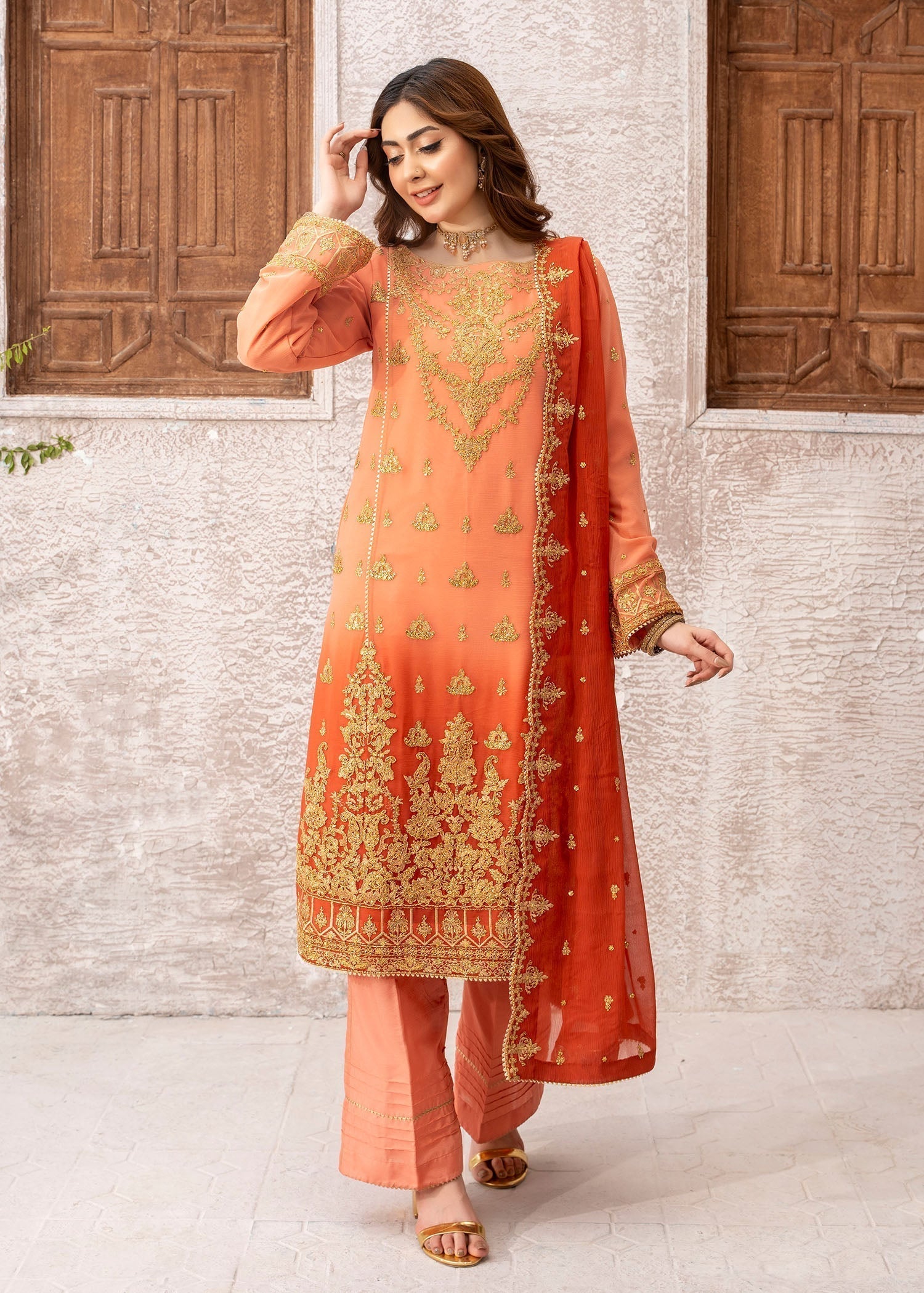 chiffon Kurta Set in Coral orange
