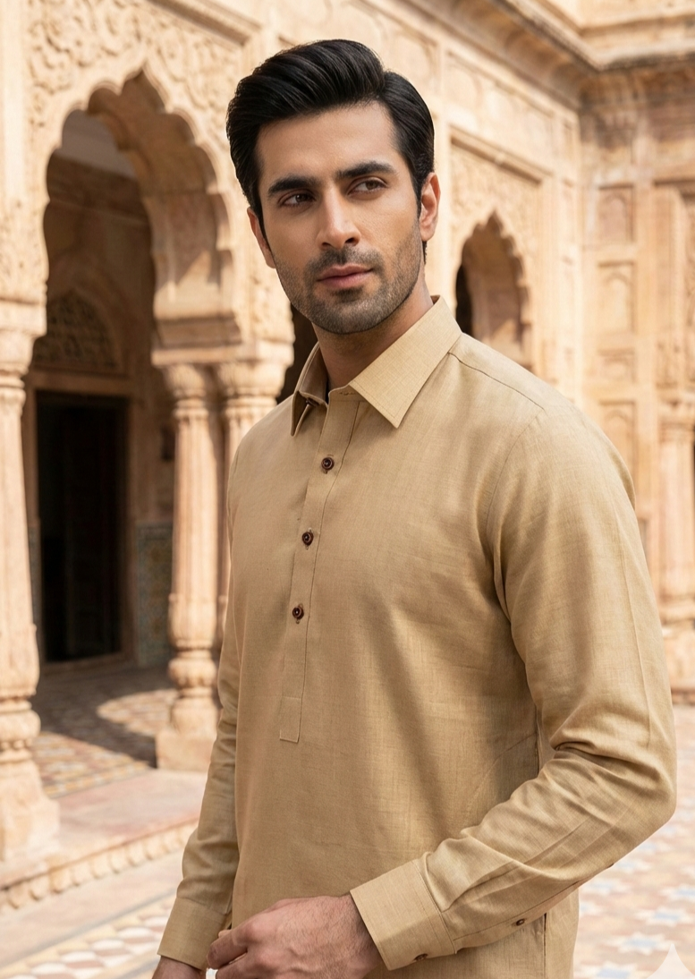wash & wear Shalwar Kameez in Gold, khaki brown by Dulha Fashion House