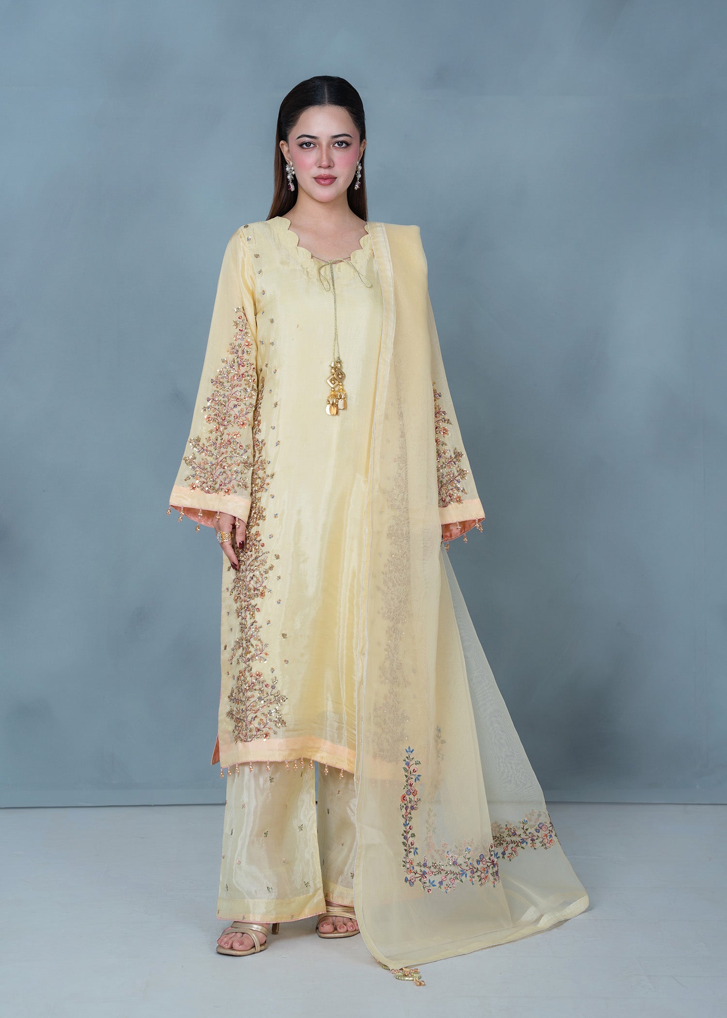 tissue silk Kurta Set in Lemon
