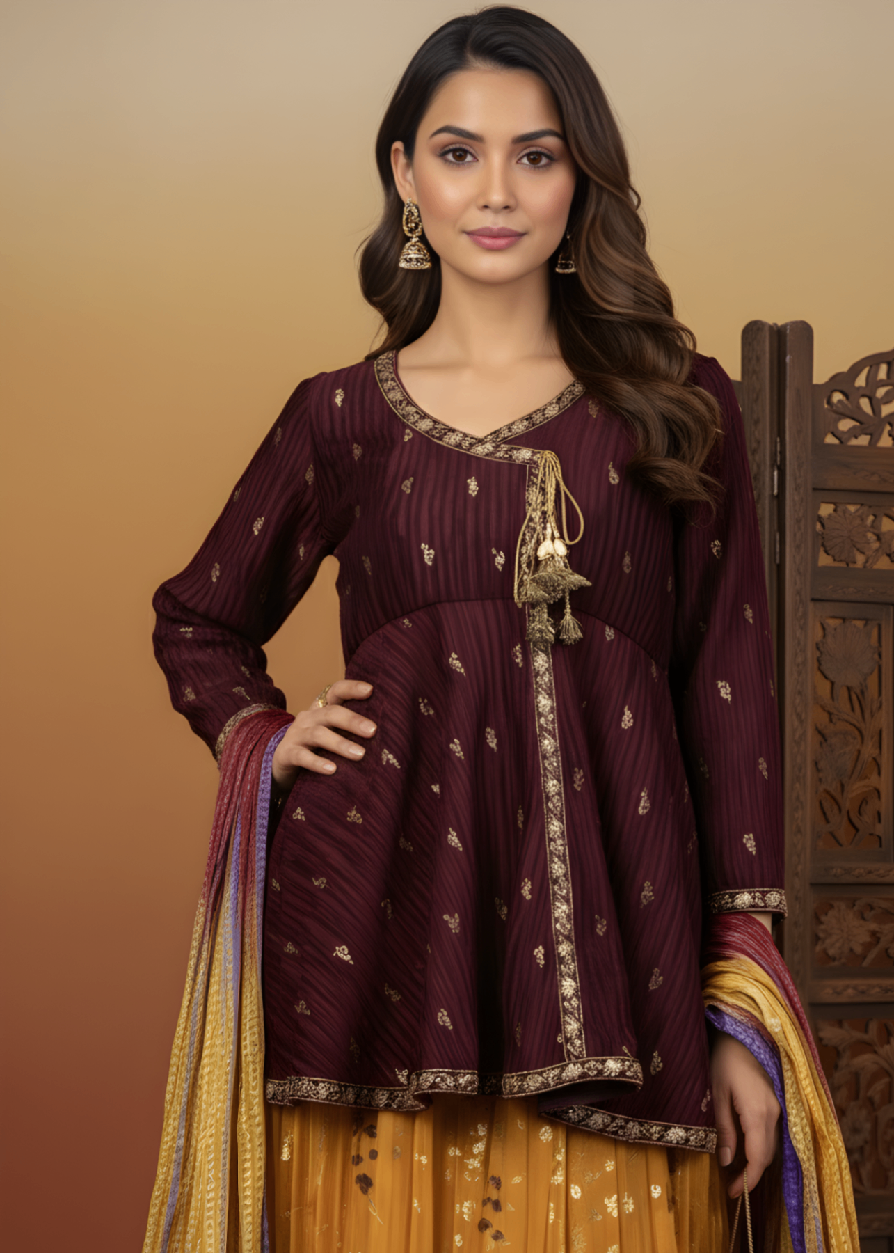 silk Lehenga in Yellow, maroon, orange
