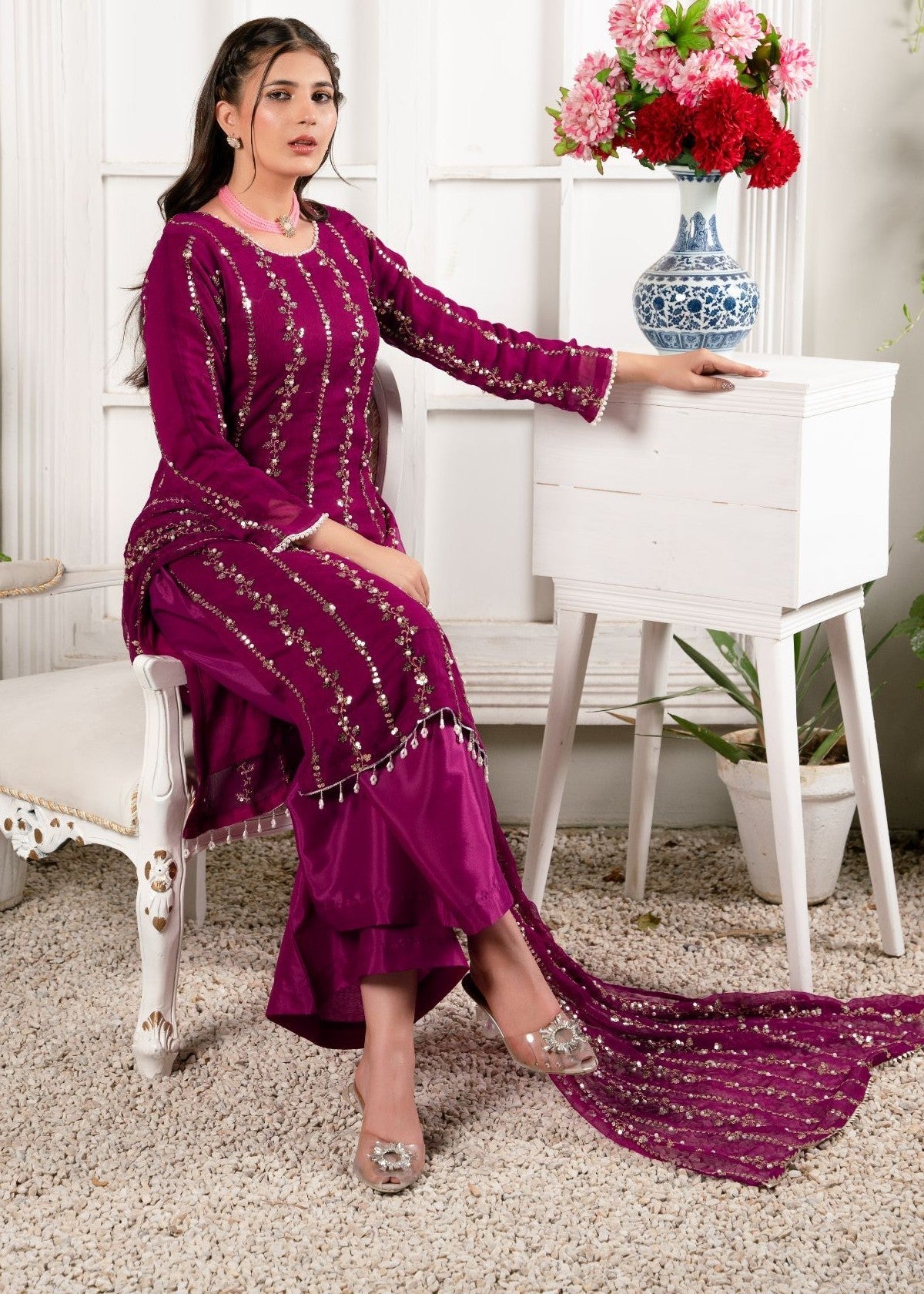 crinkle Kurta Set in Magenta