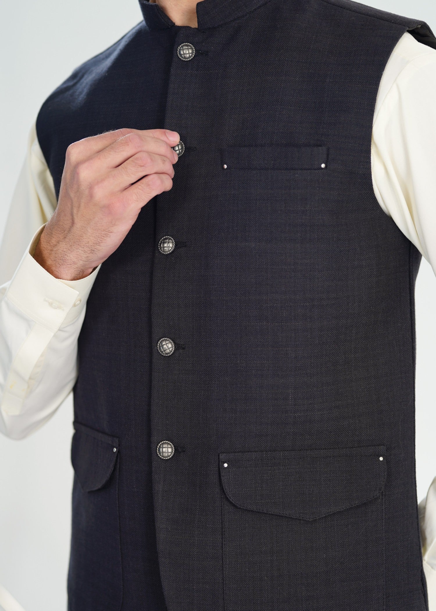 handwoven khaddar Waistcoat in Off-white, black