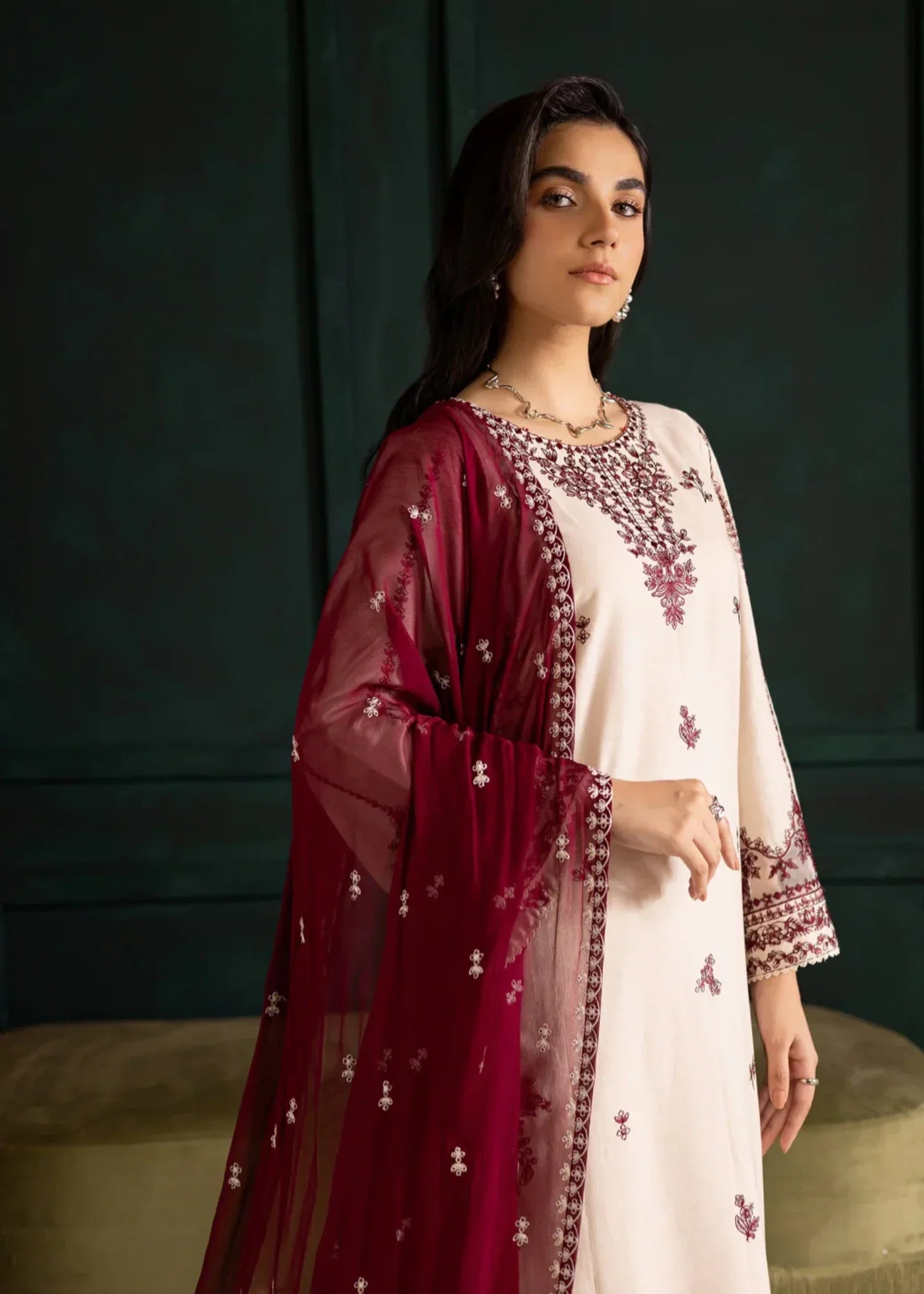 dhanak linen Kurta Set in Maroon, cream