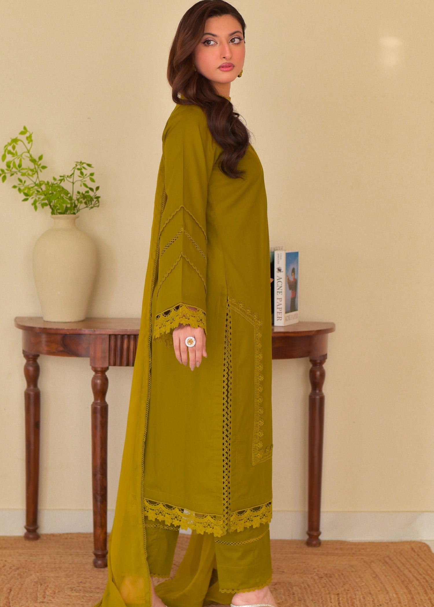 khaddar Kurta Set in Yellow green