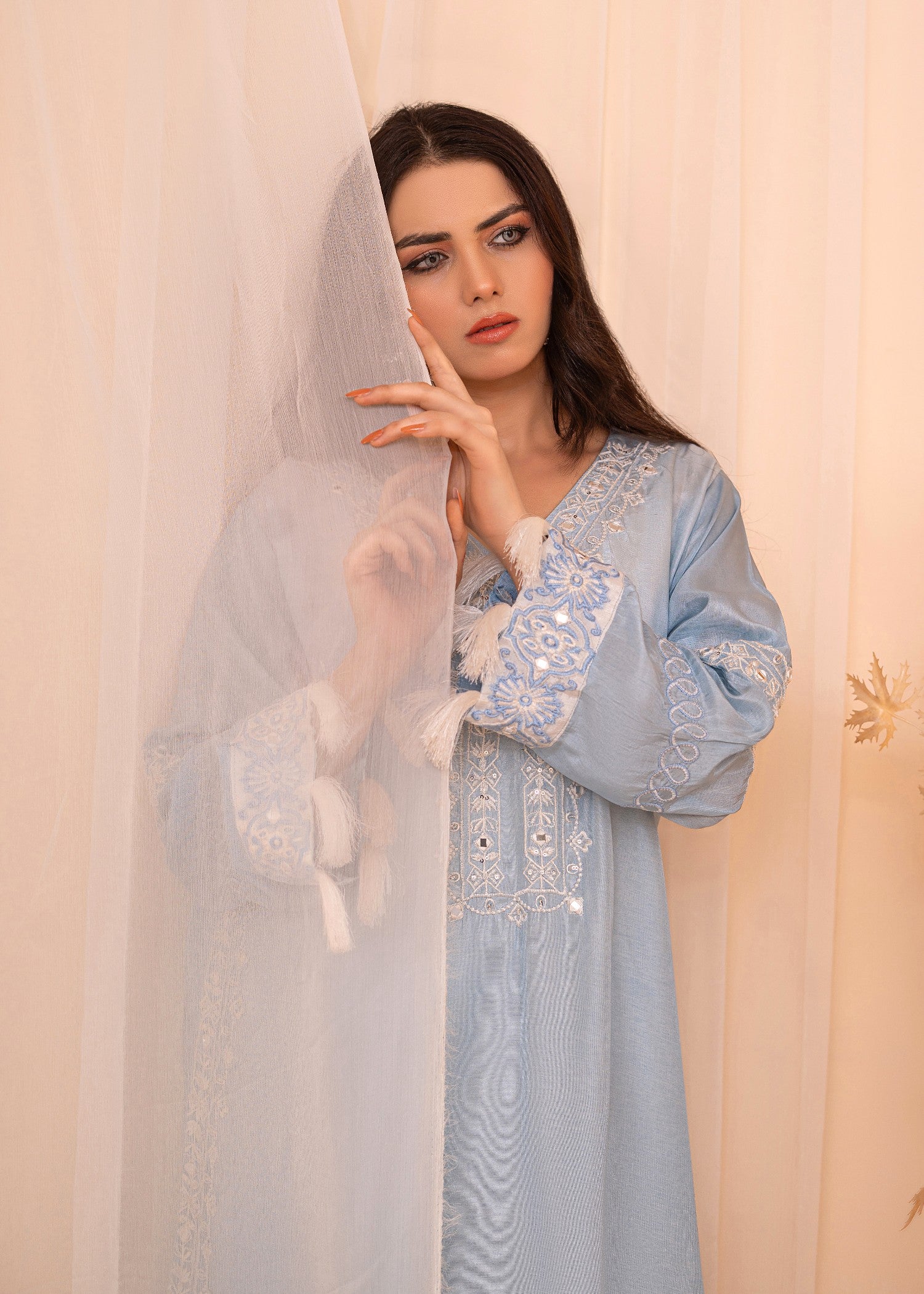 silk Kaftan in White, powder blue