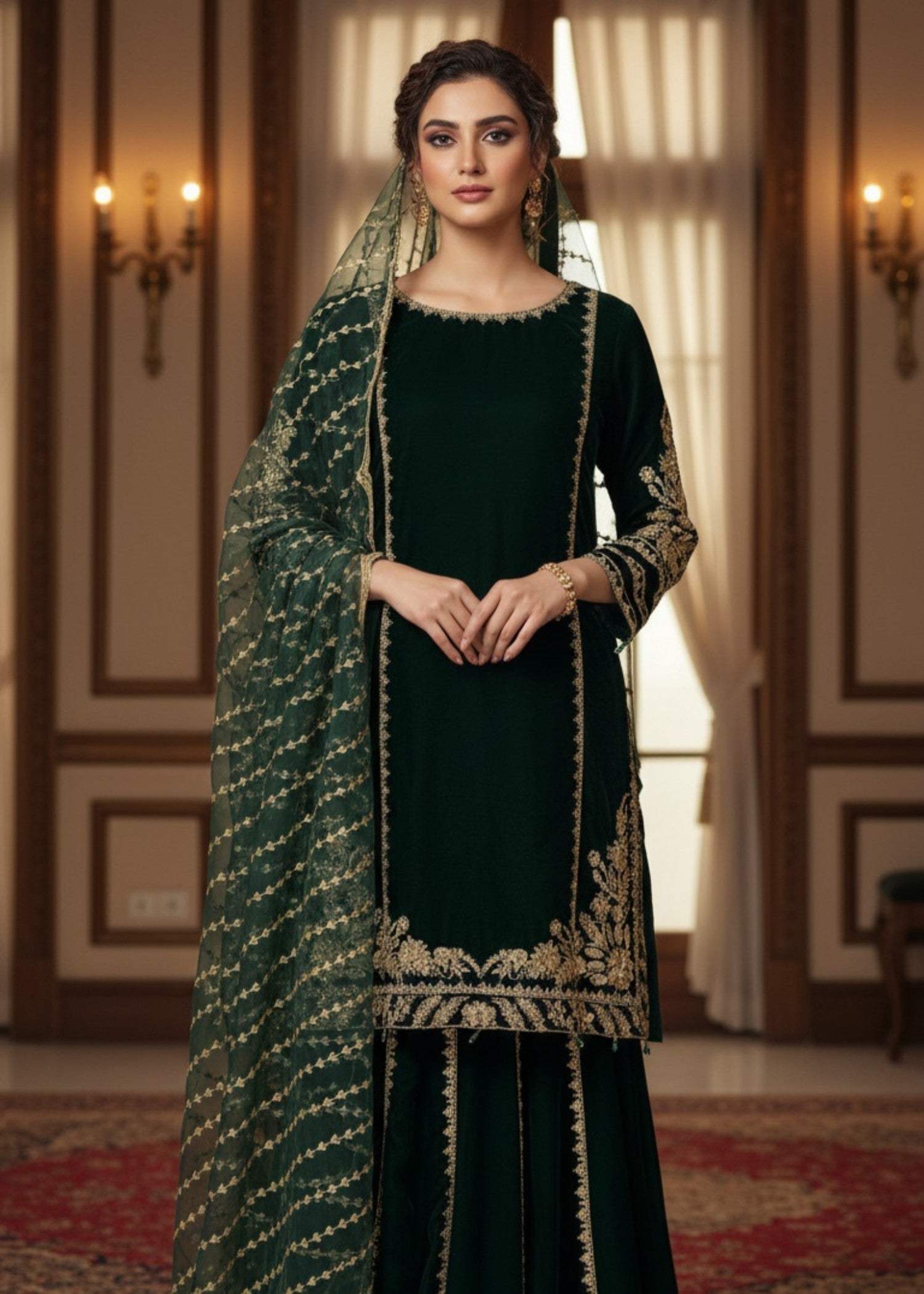 velvet Sharara in Bottle green