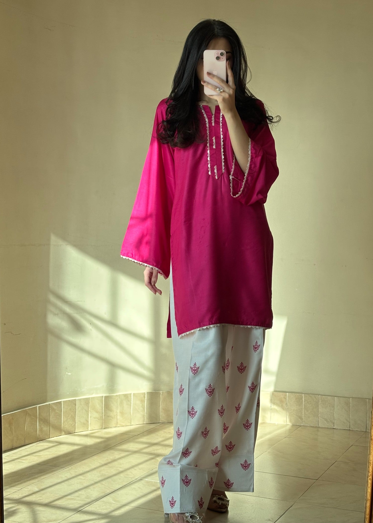 arabic lawn Kurta Set in Hot pink red