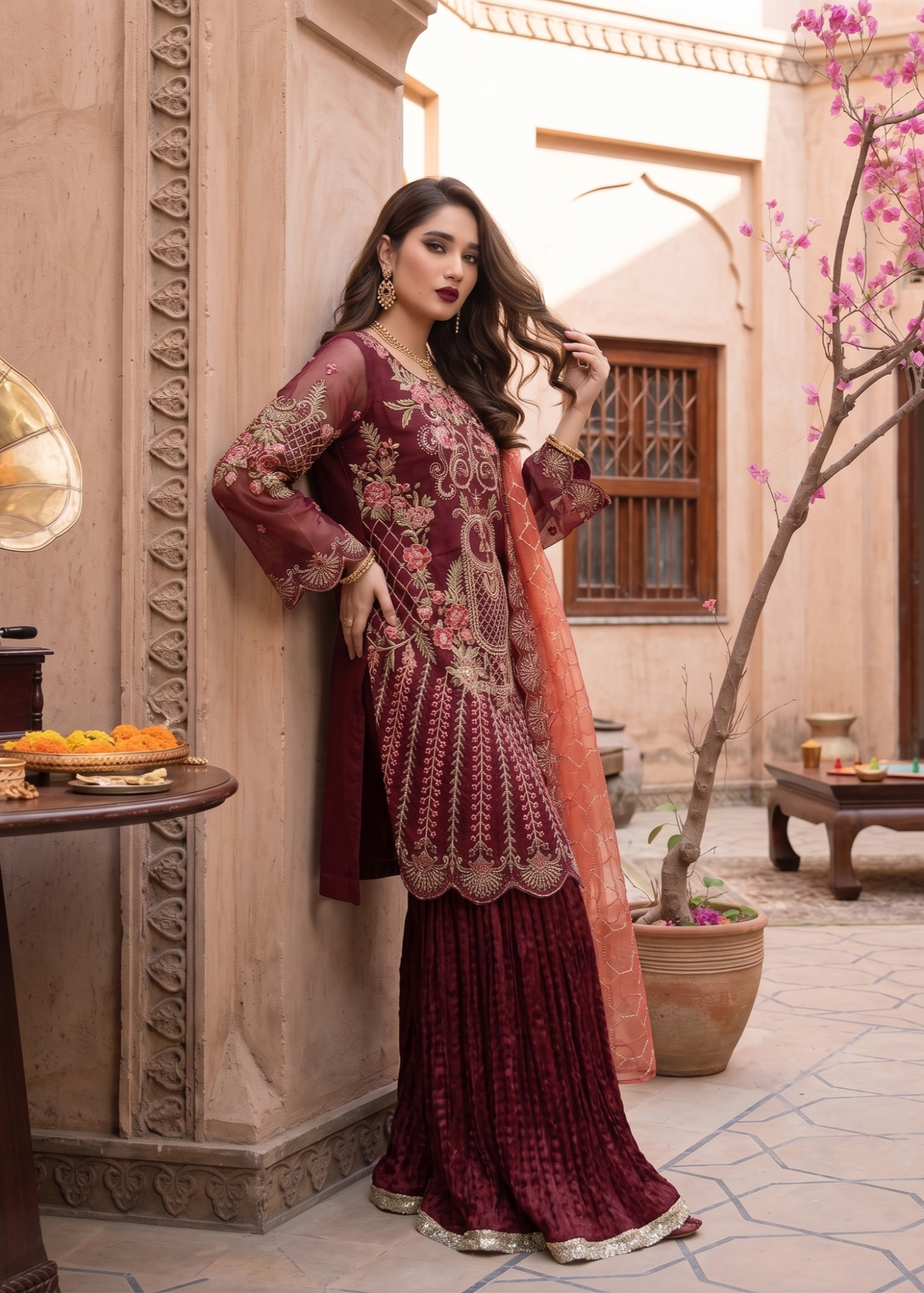 organza Gharara in Maroon