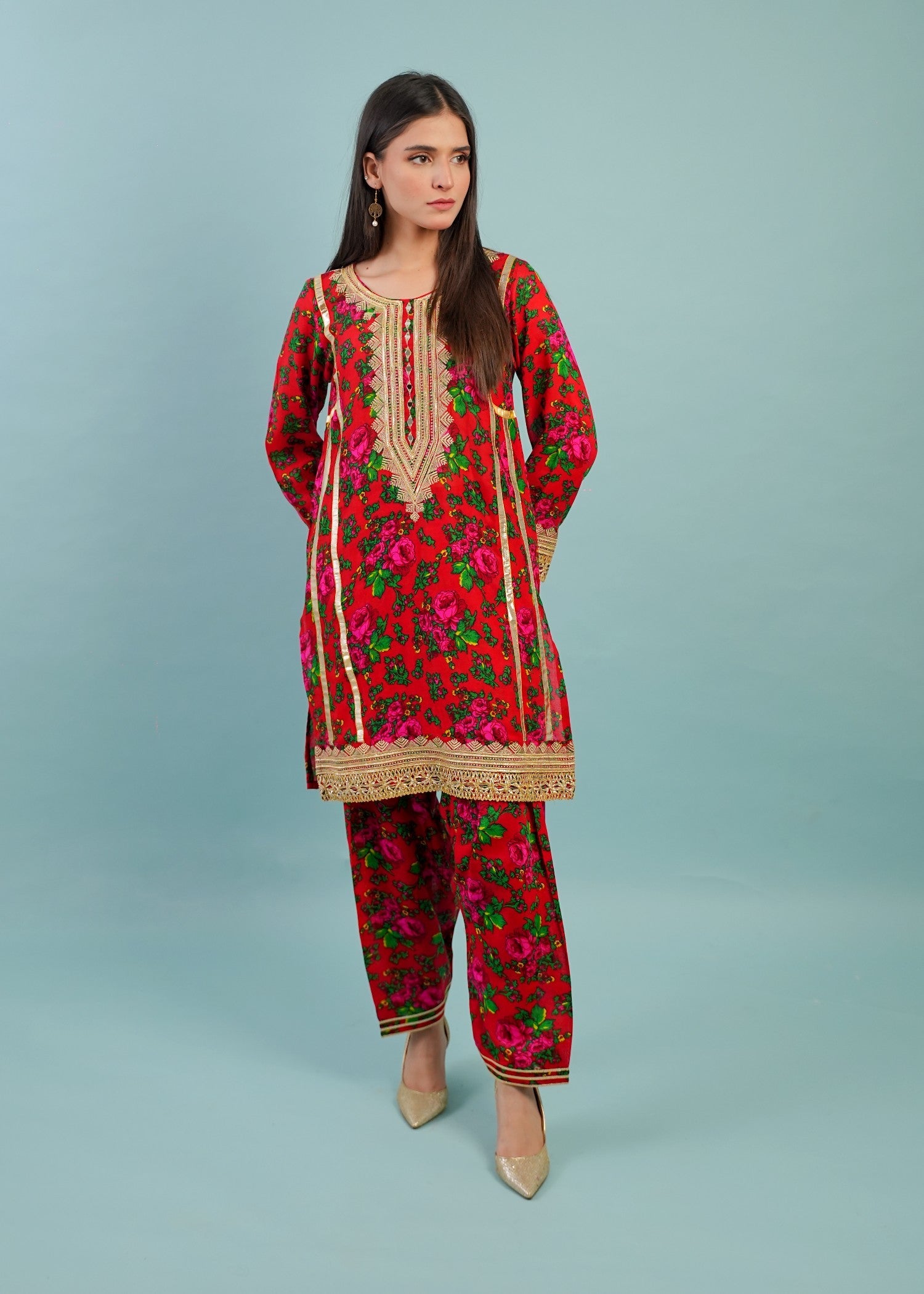 voile Kurta Set in Red