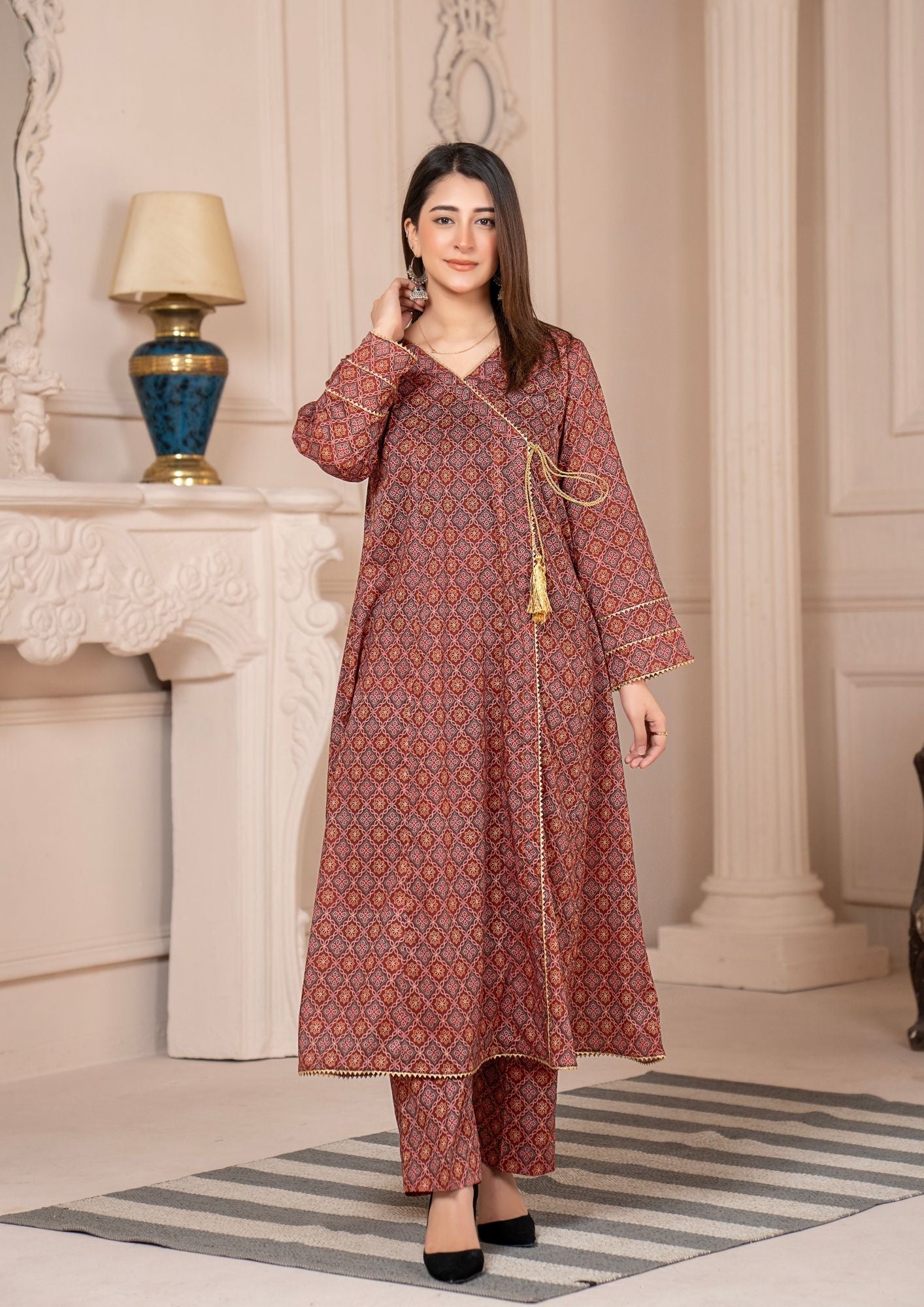 lawn Angrakha in Maroon