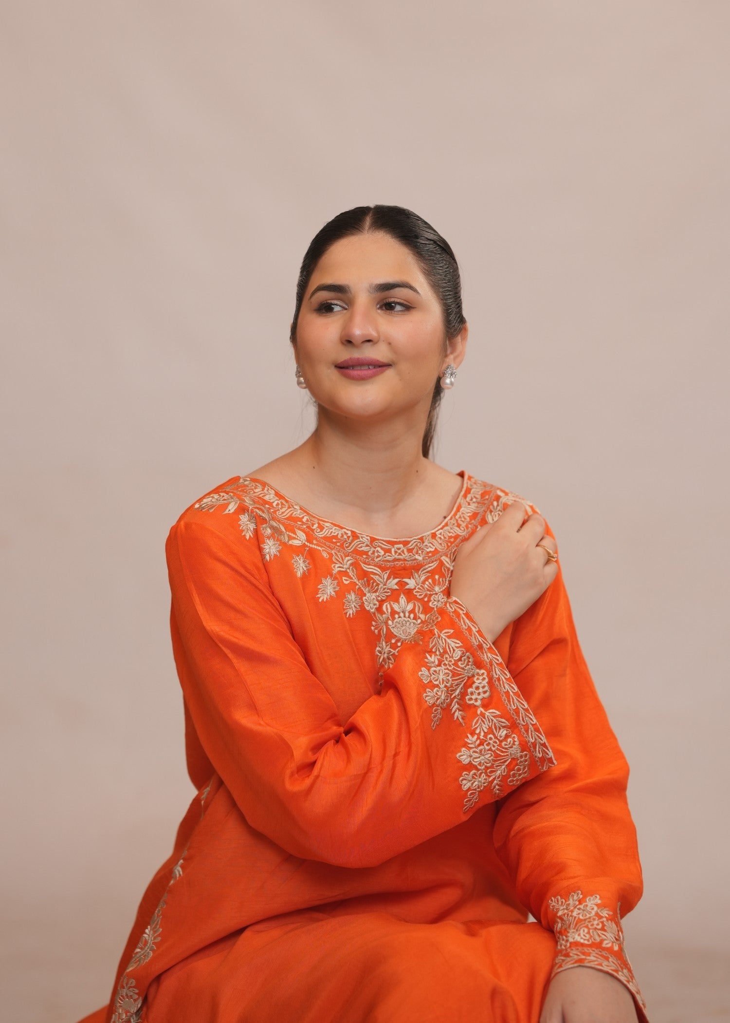 raw silk Kurta Set in Sunset orange