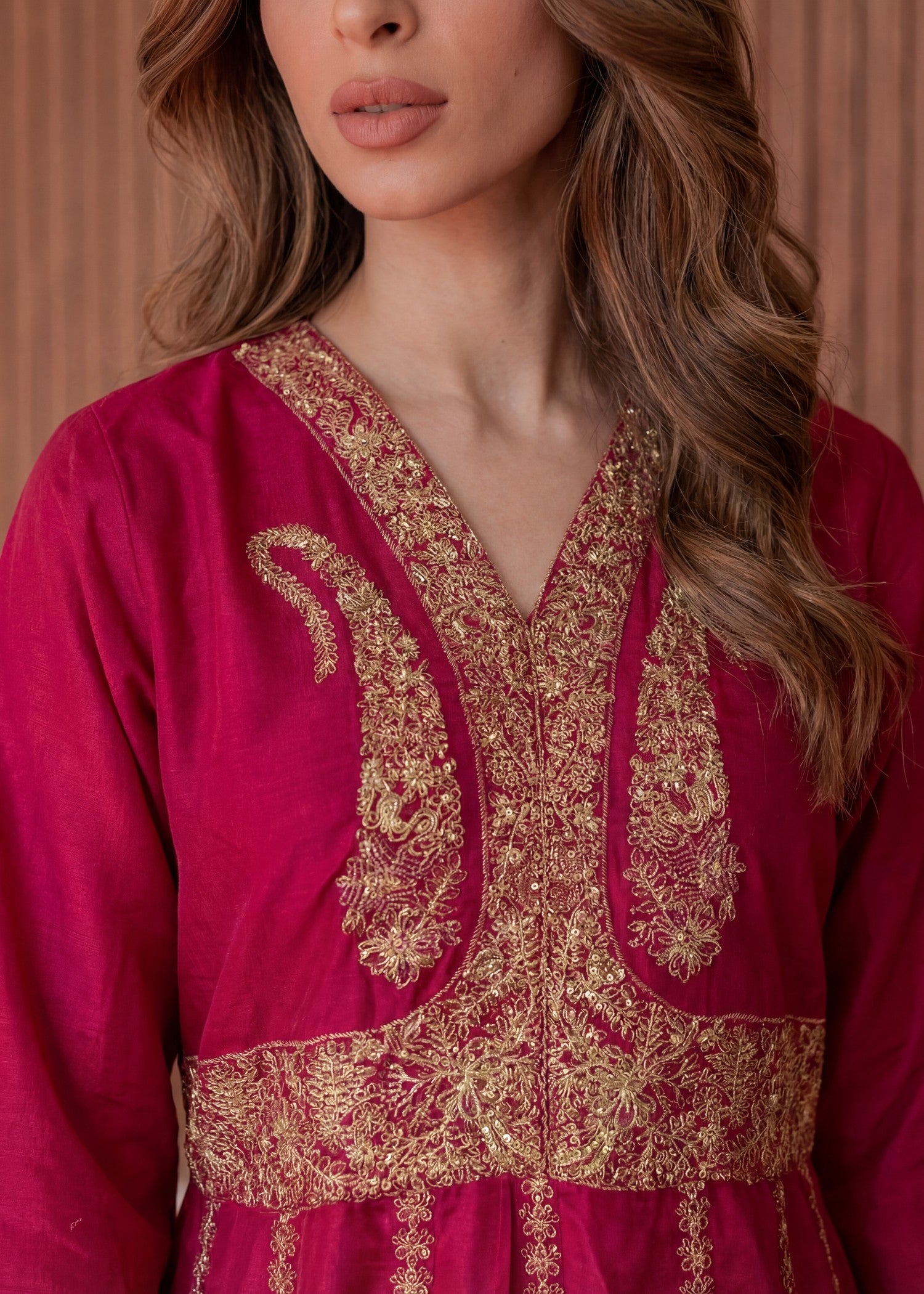 textured lawn Anarkali in Cardinal red
