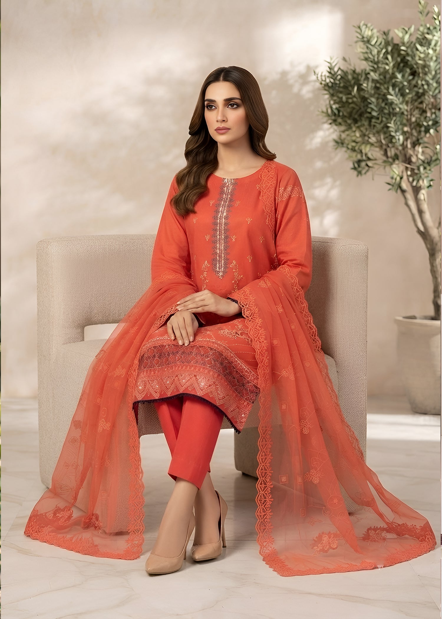 cambric Kurta Set in Coral orange
