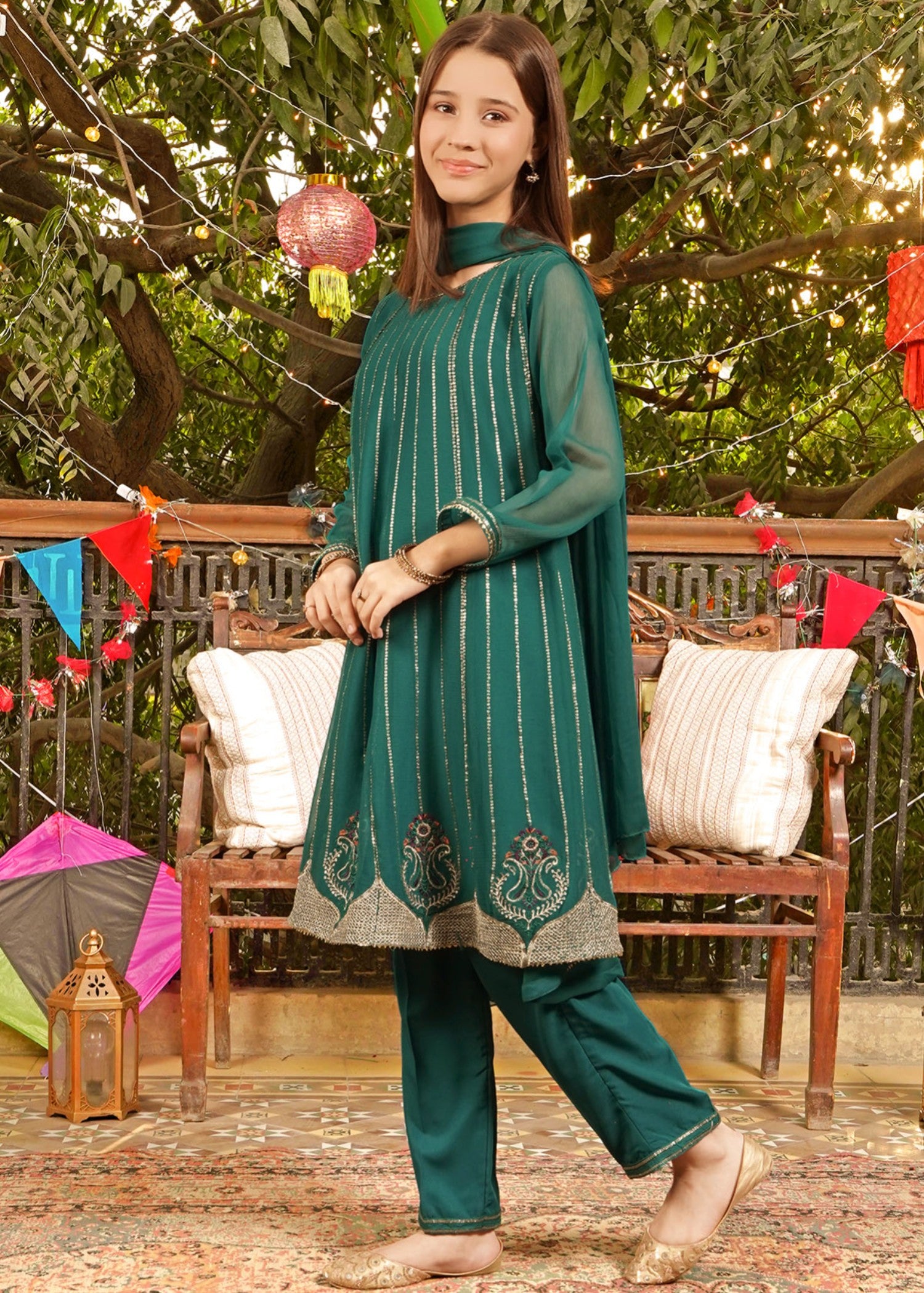 chiffon Short Frock in Emerald green