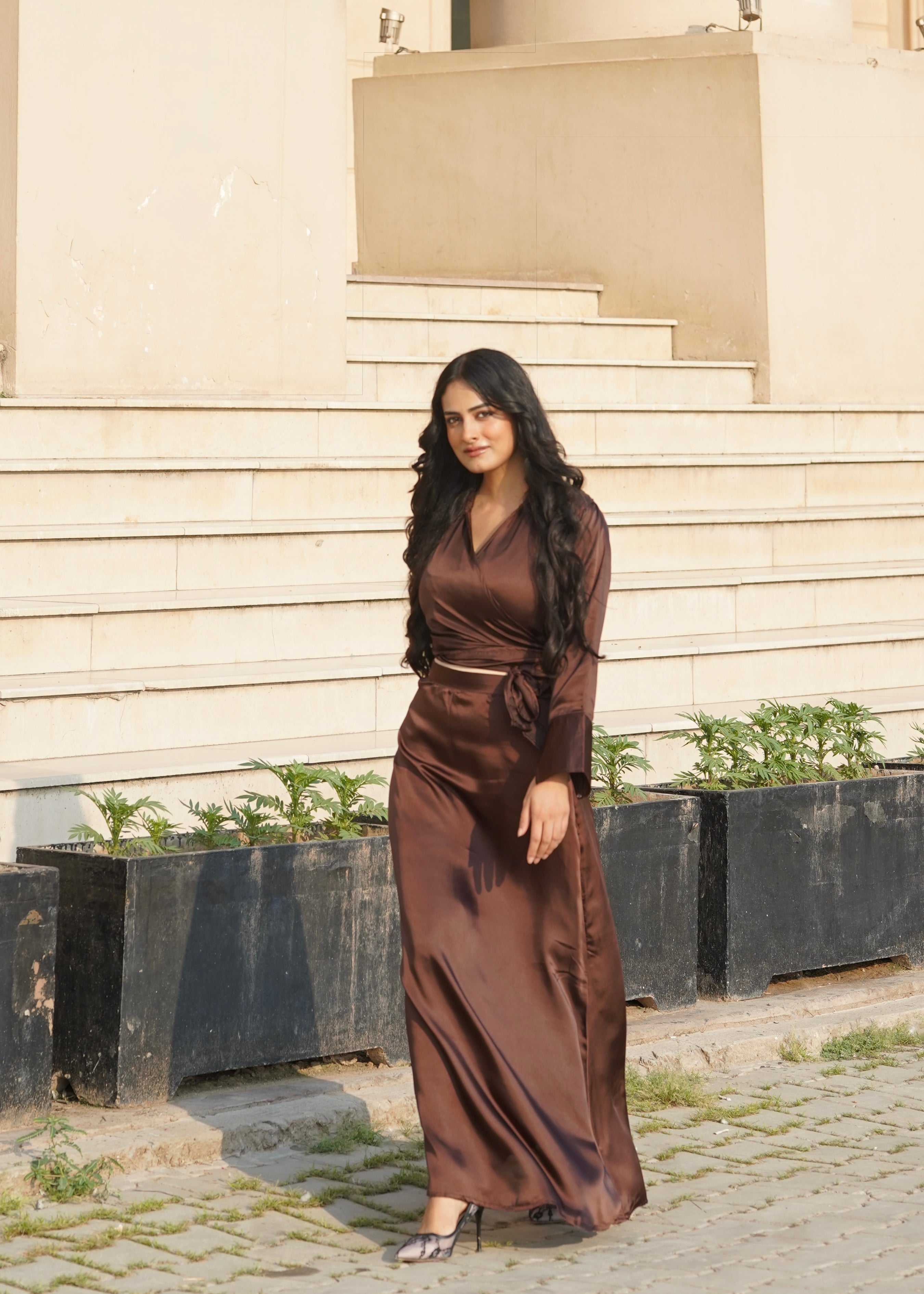 satin silk Skirt in Chocolate brown