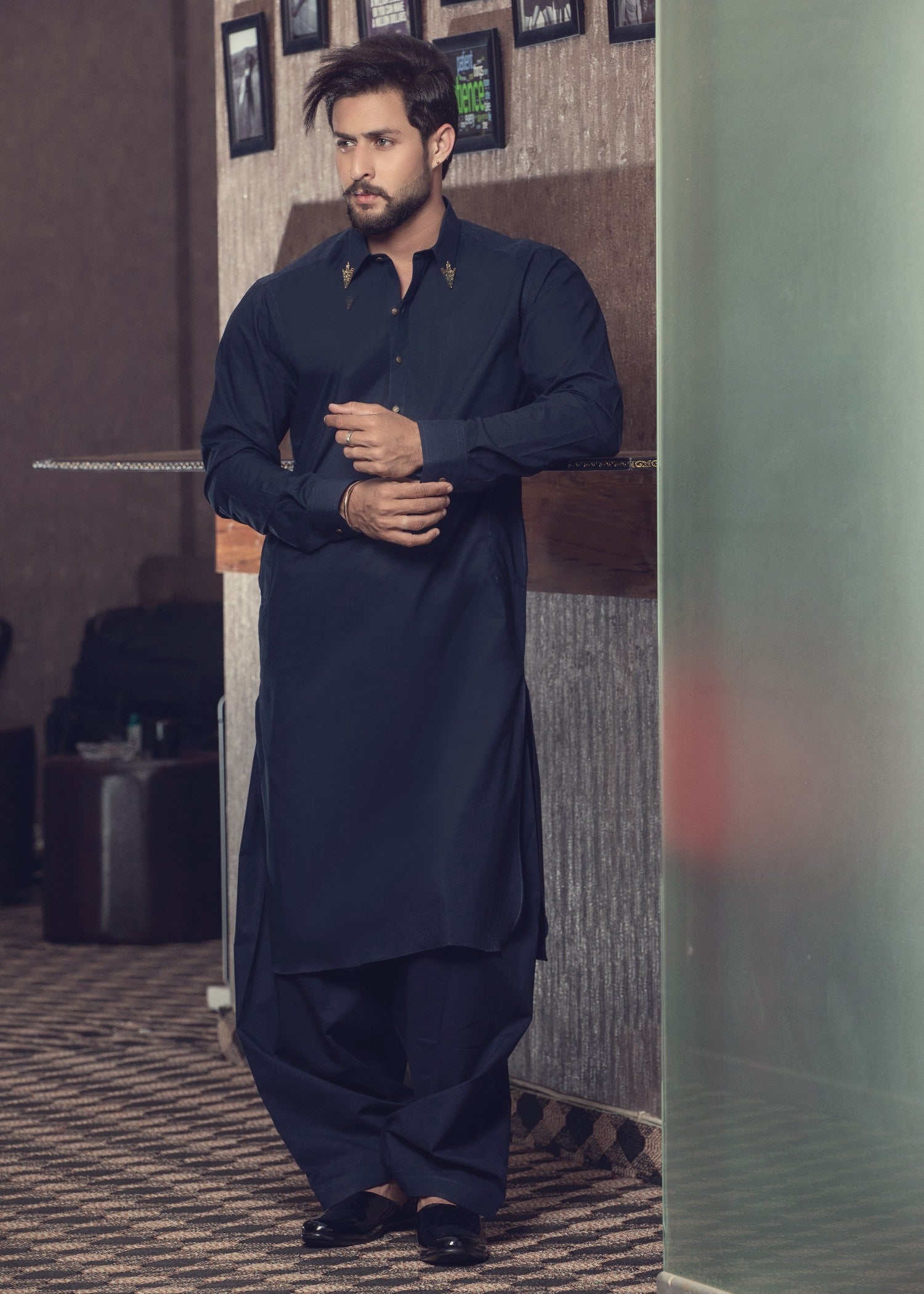 cotton satin Shalwar Kameez in Navy blue