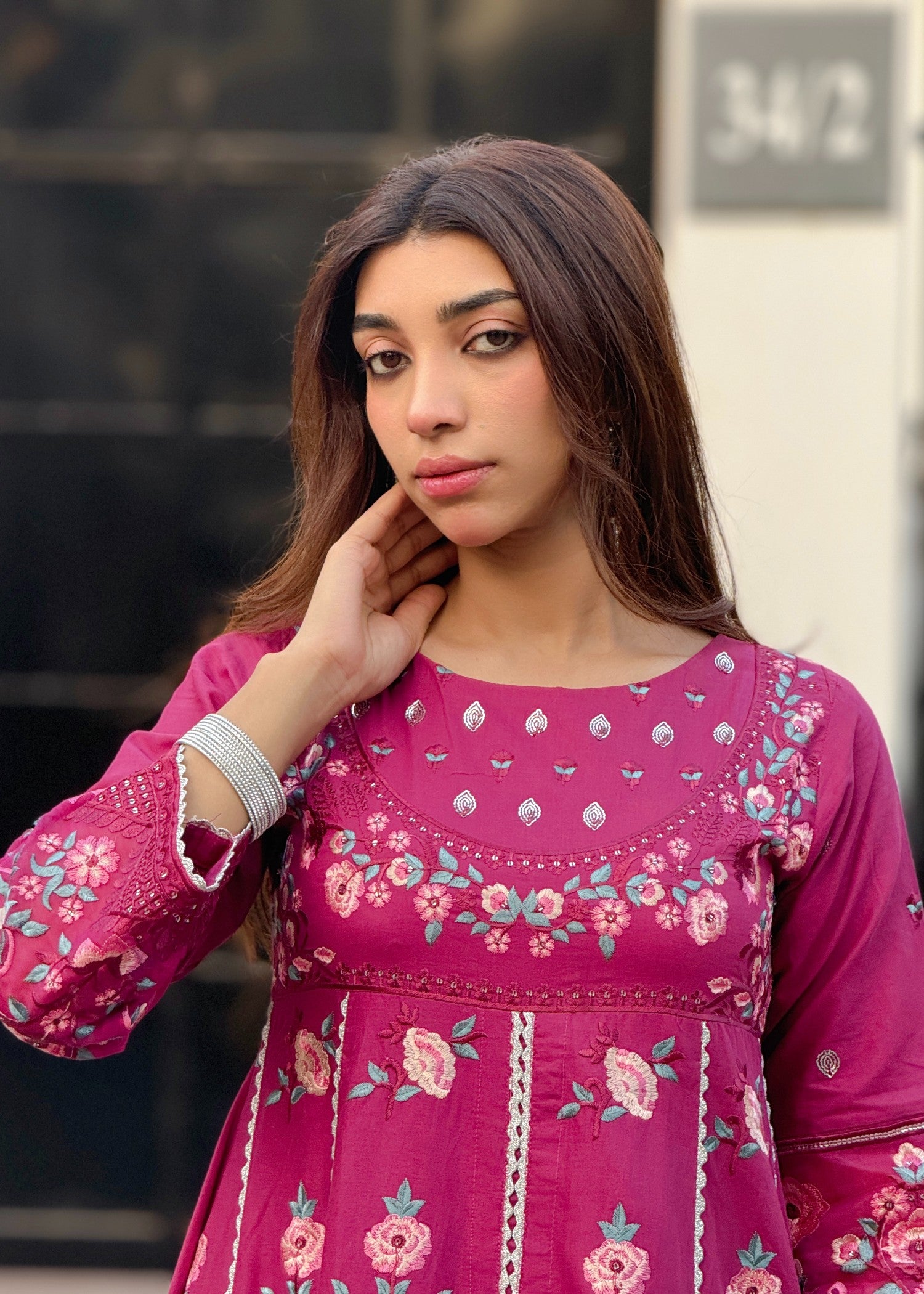 lawn cotton Anarkali in Raspberry pink