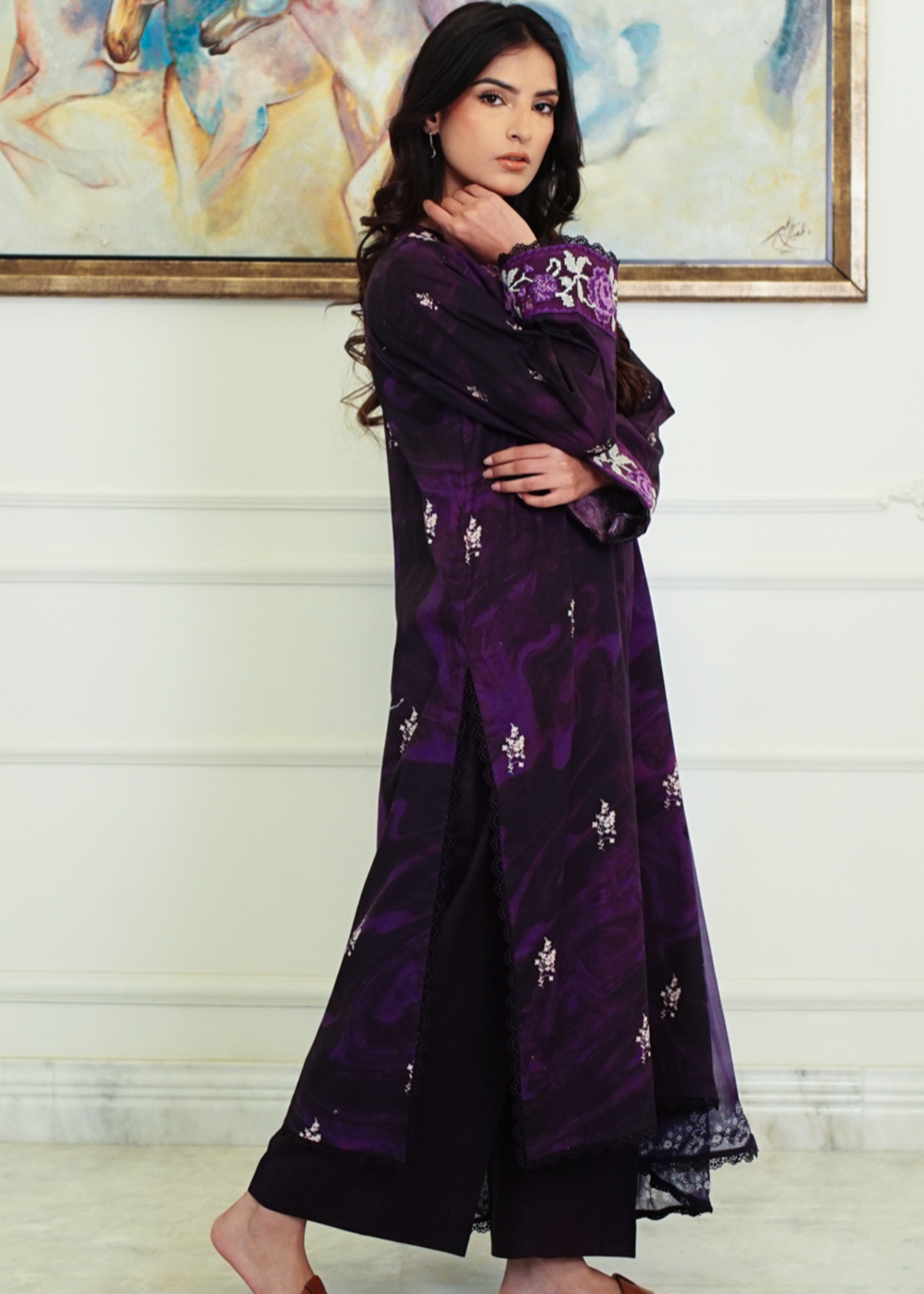 lawn Kurta Set in Purple heart, purple rain