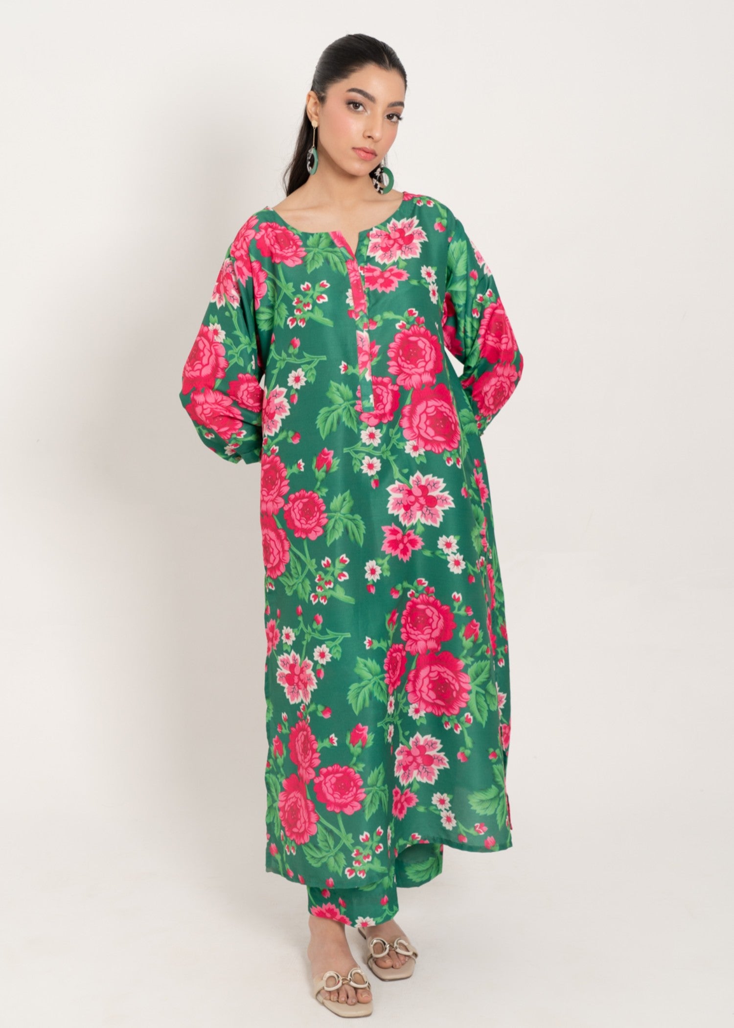 silk finish lawn Co Ord Sets in Green