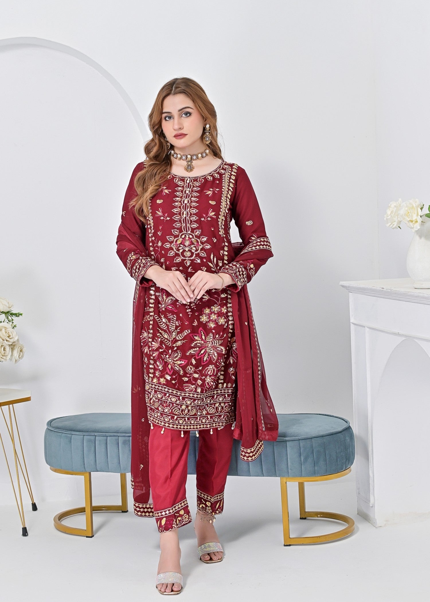 crinkle chiffon Kurta Set in Maroon