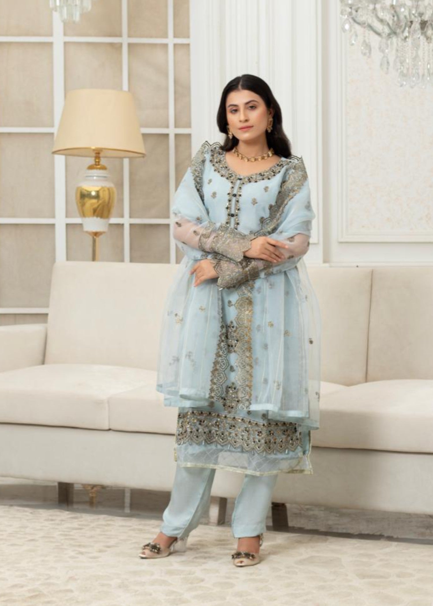 organza Kurta Set in Ice blue
