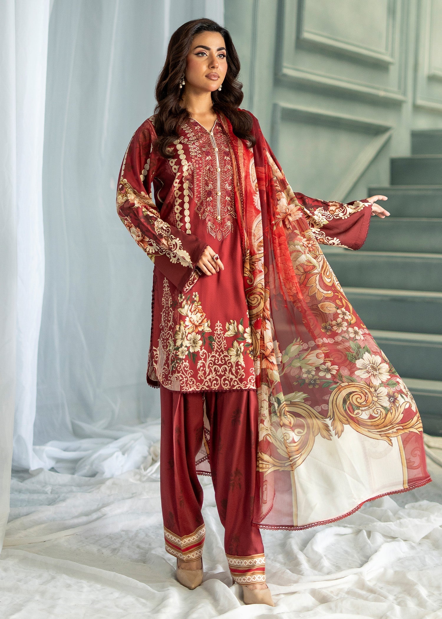 linen Kurta Set in Rust red